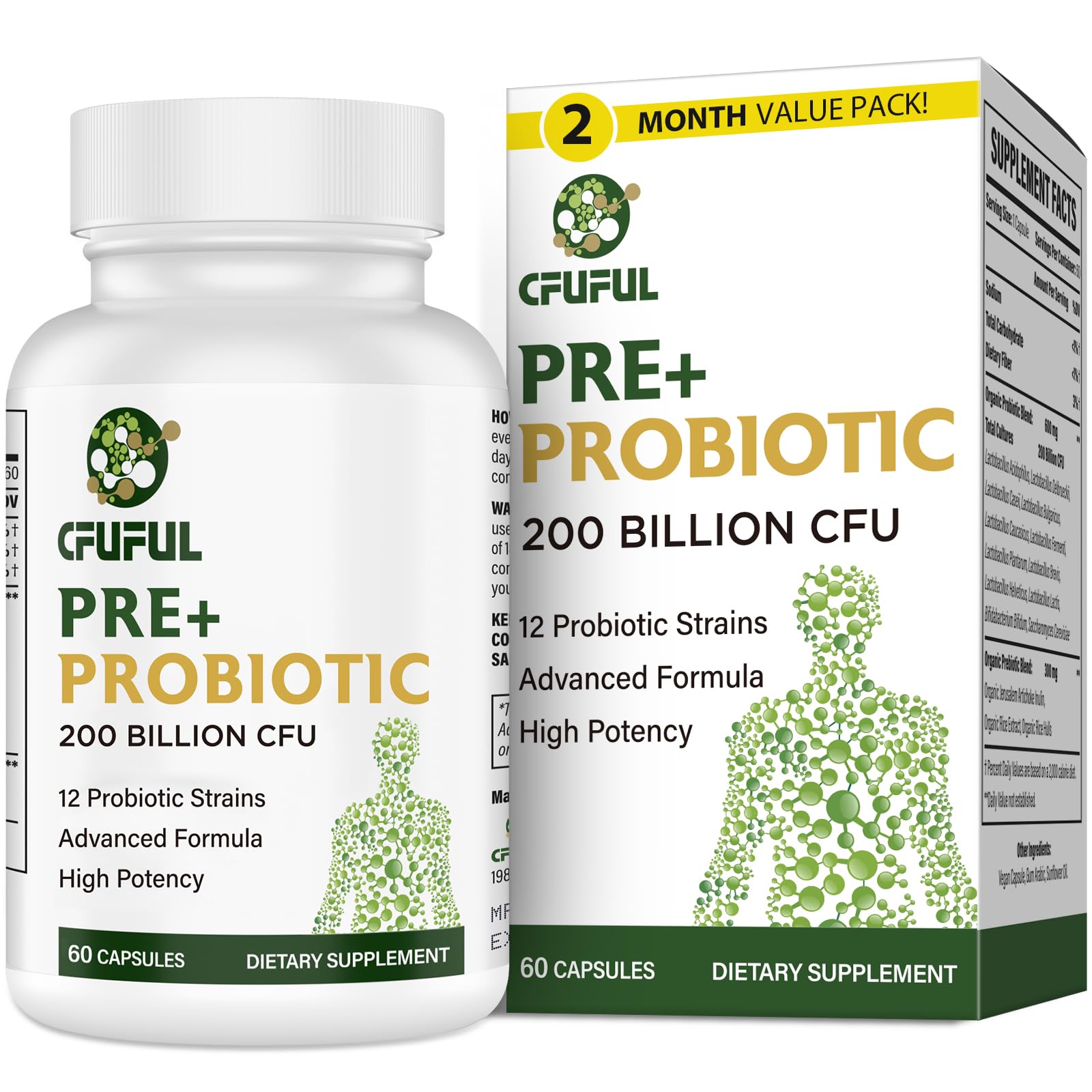 Cfuful Probiotics for Women & Men, 200 Billion CFU, 12 Strains with 3 Organic Prebiotics for Digestive Health, Capsule, 60 Count