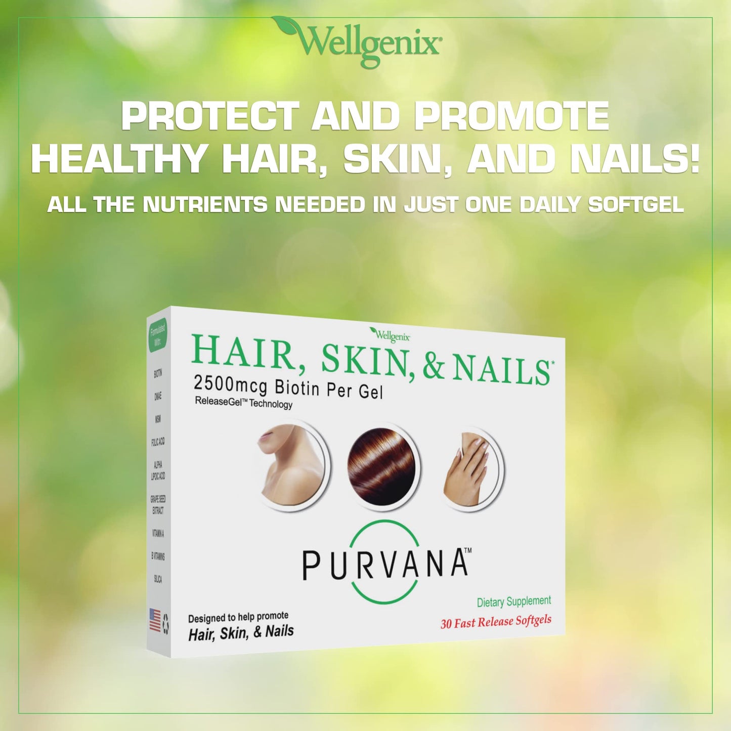 Wellgenix Purvana Hair Skin and Nails Biotin Softgels 2500mcg with MSM & B-Complex, 30 Softgels