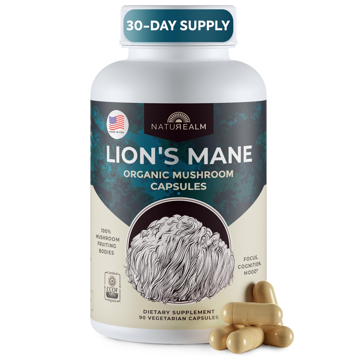 Naturealm Lions Mane Mushroom Supplement Capsules 90 Count