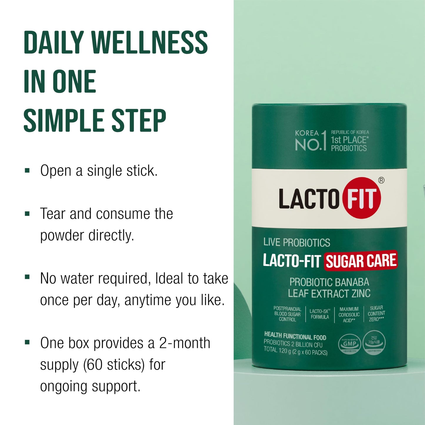 LACTO-FIT Daily Balance Probiotic Sticks with Zinc & Banaba Leaf Extract, Powder, 60 Sachets