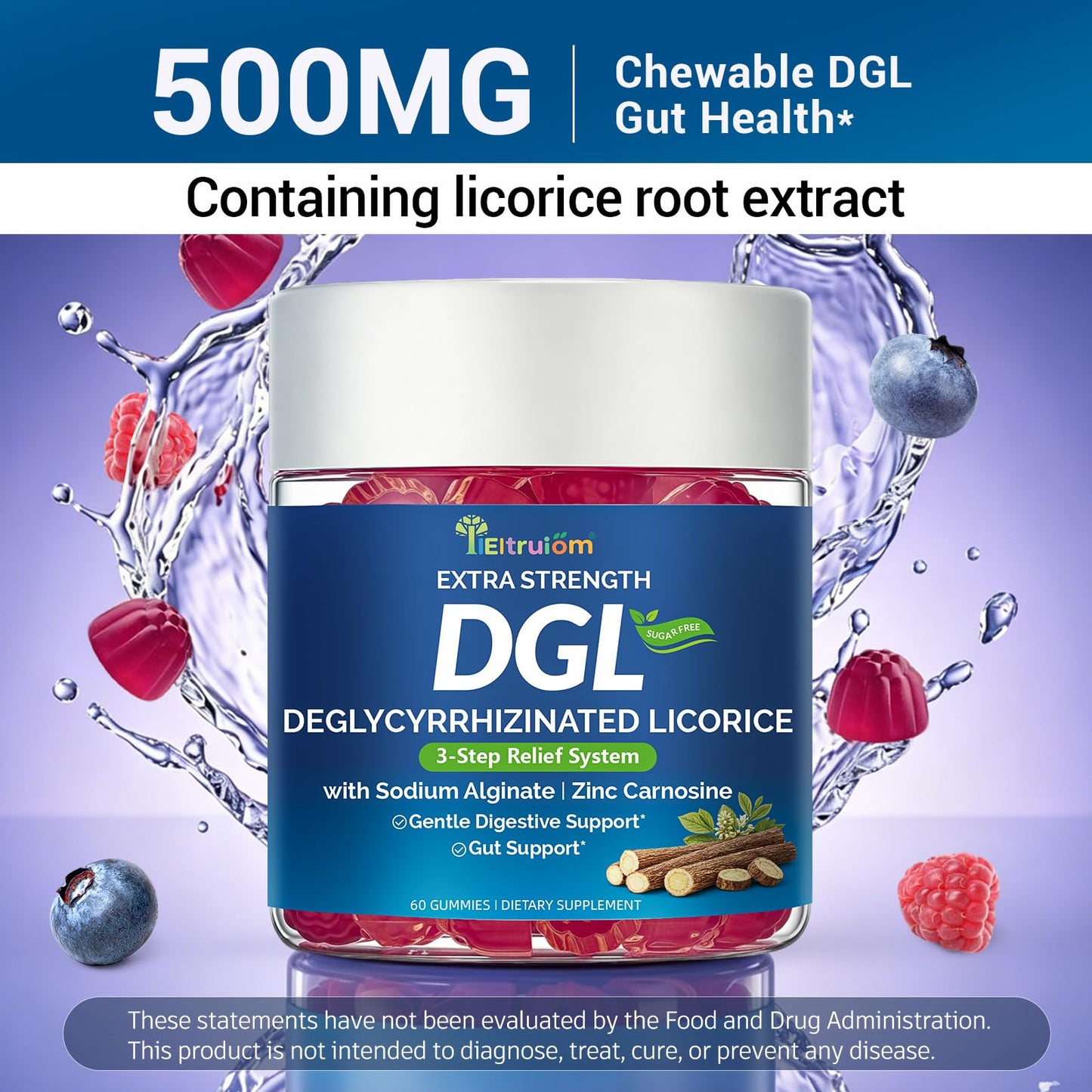 IIEltruiom DGL with Zinc Carnosine & Aloe Vera for Digestive Support, Vegan Gummies, 60 count