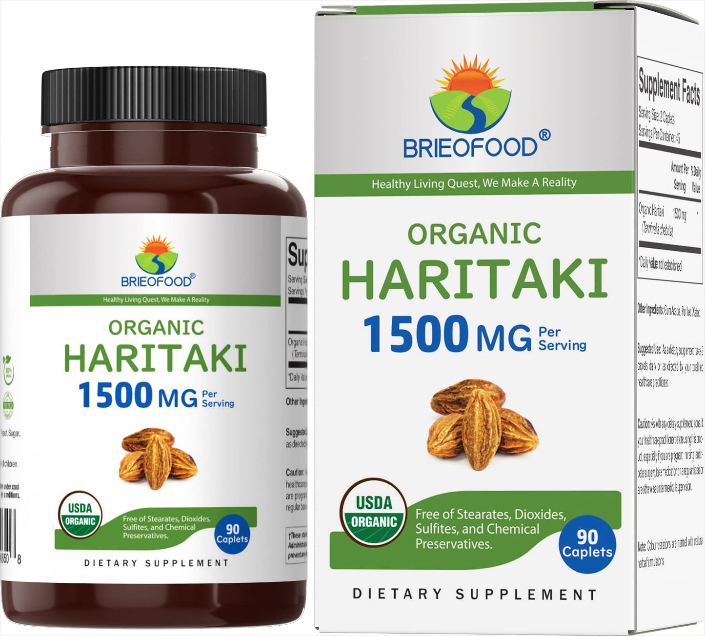 Brieofood Organic Haritaki 1500mg Tablets, 90 Count