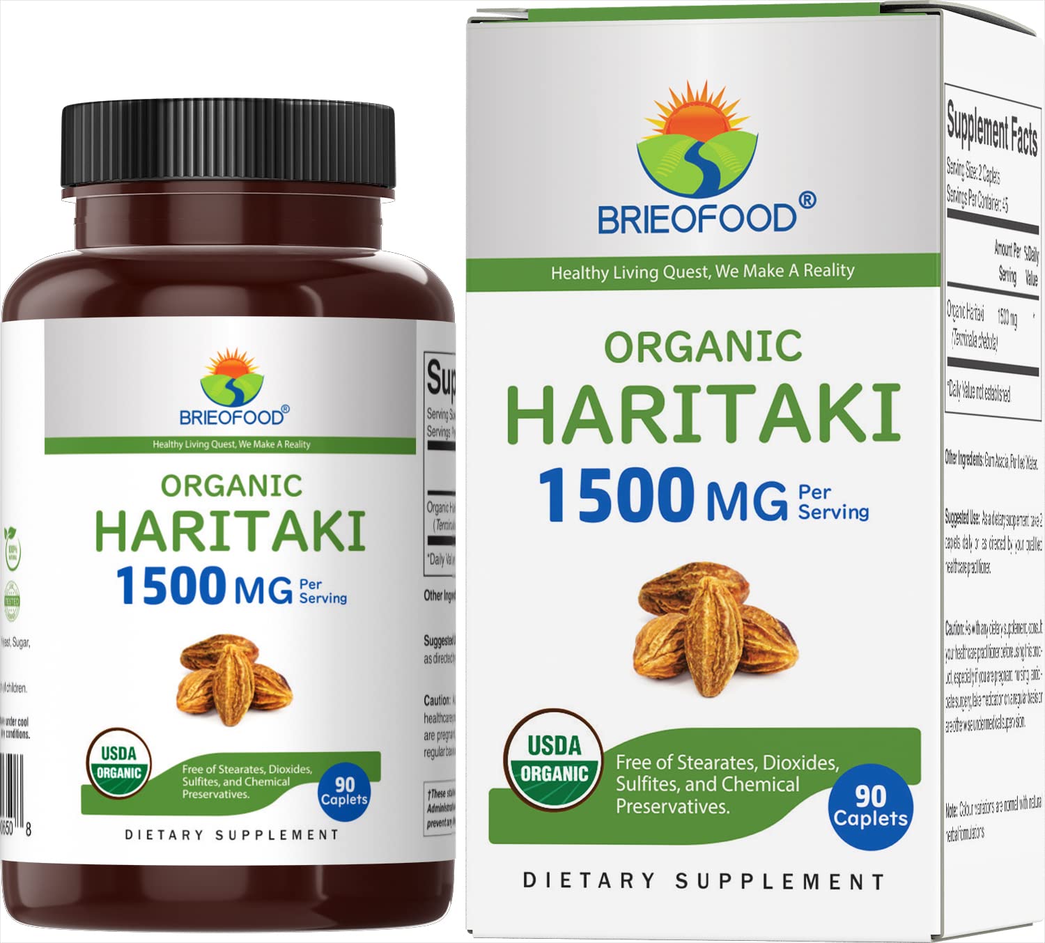 Brieofood Organic Haritaki 1500mg Tablets, 90 Count