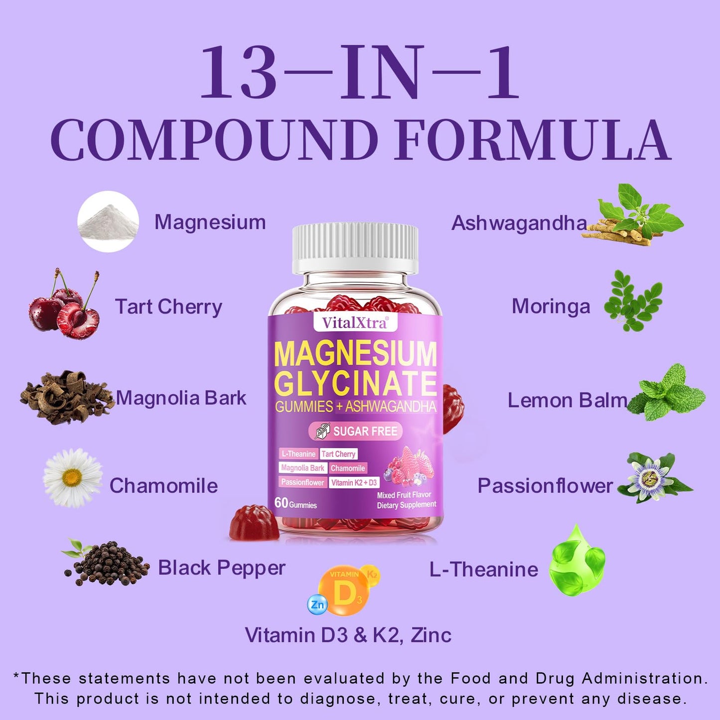 VitalXtra Sugar-Free Magnesium Glycinate Gummies 60 Count