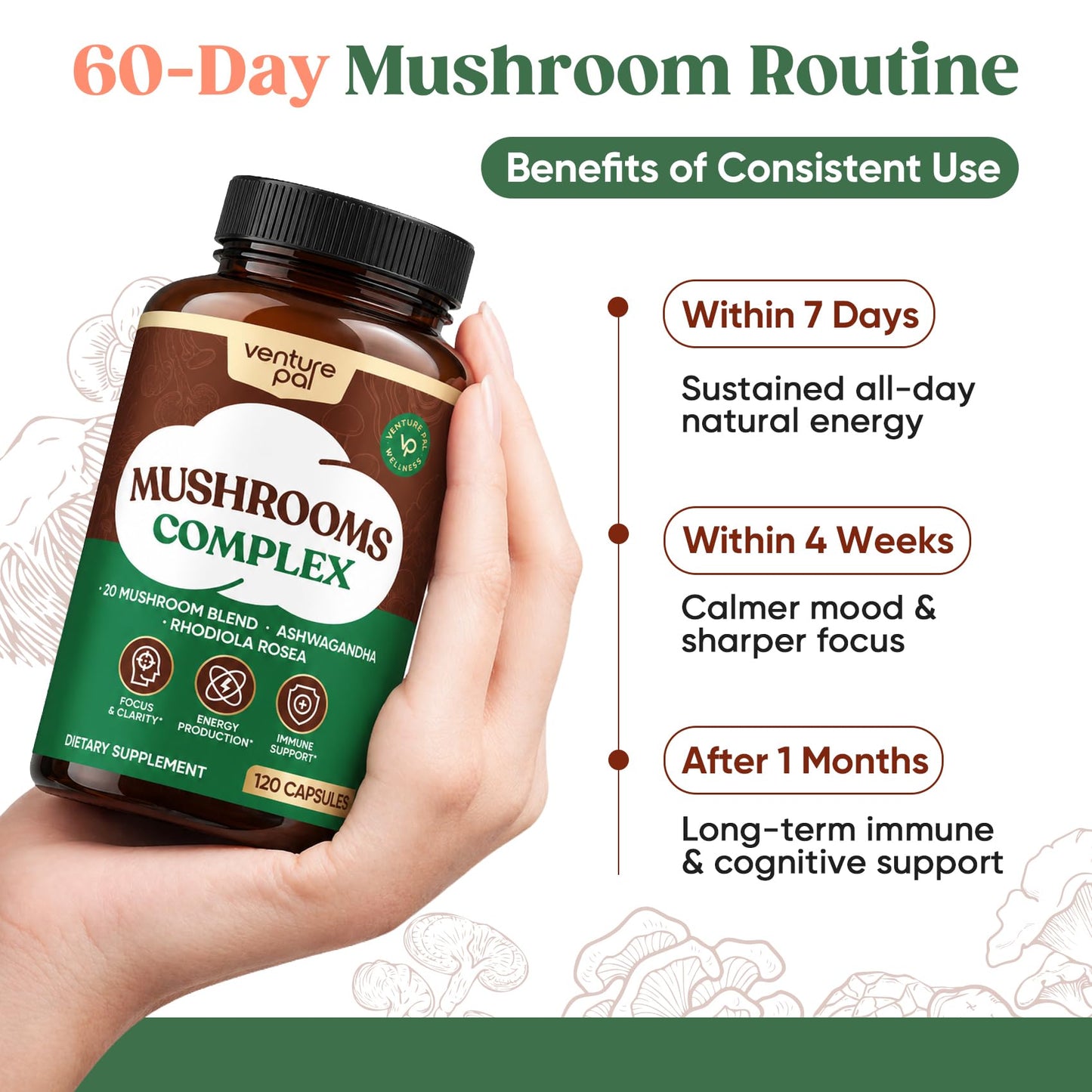 Venture Pal 23 in 1 Mushroom Complex with Lion's Mane & Ashwagandha Capsules, 120 Count