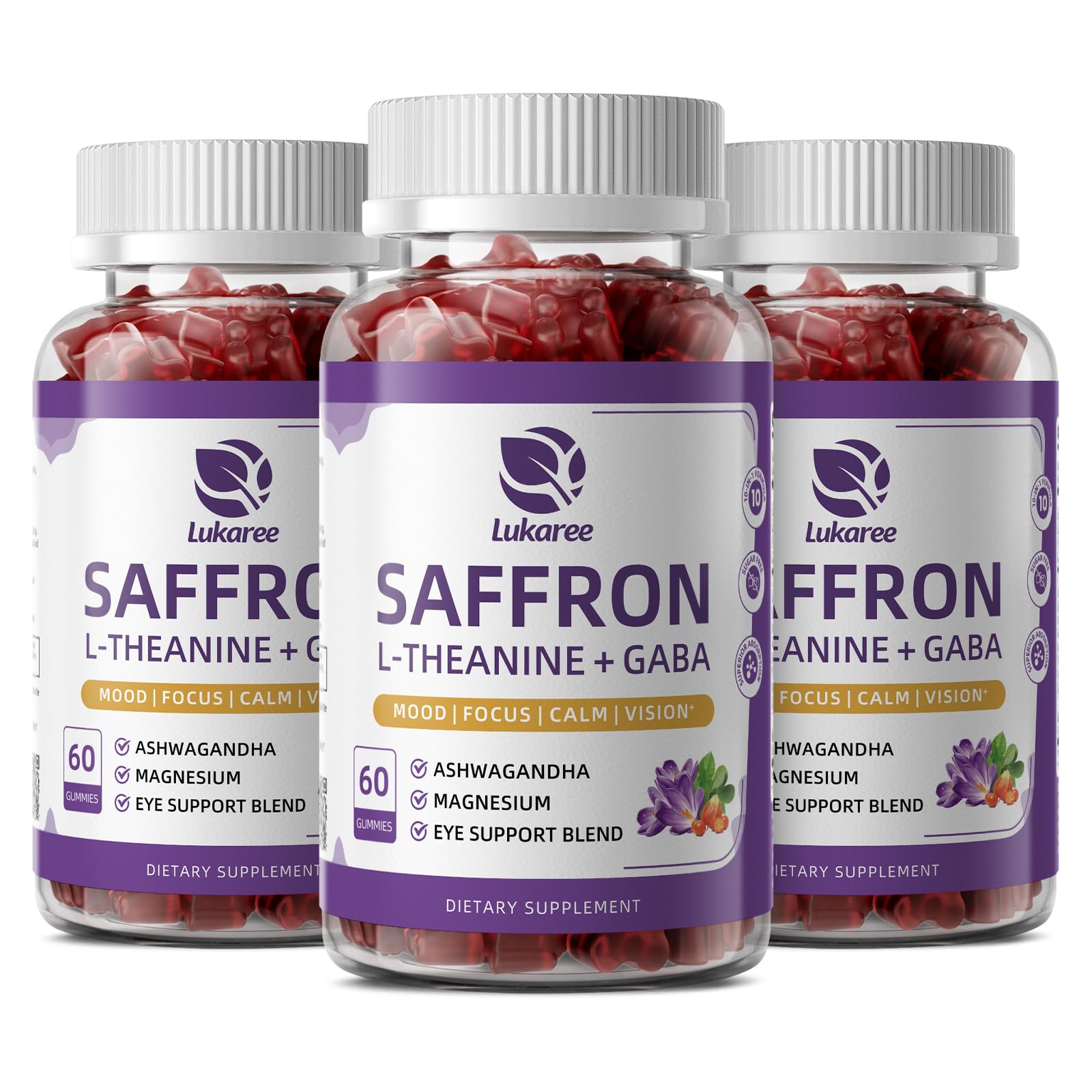 Lukaree 10-in-1 Saffron Gummies with L-Theanine 200mg, GABA, Ashwagandha, Turmeric, Lutein & Zeaxanthin, Astaxanthin for Mood, Focus & Eye Support, 180 Gummies