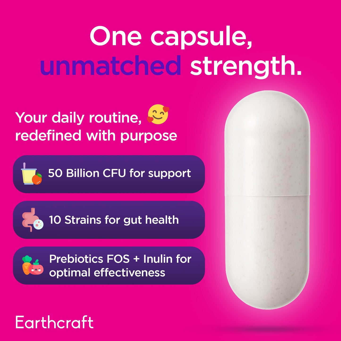 Earthcraft Probiotics for Women 50 Billion CFU – 10 Strains + Prebiotics for Vaginal Health, Digestive, Gut, PH Balance and Immune Health – Delayed Release Capsules, Non-GMO, Vegan, Support Nutrient Absorption, 60 Count