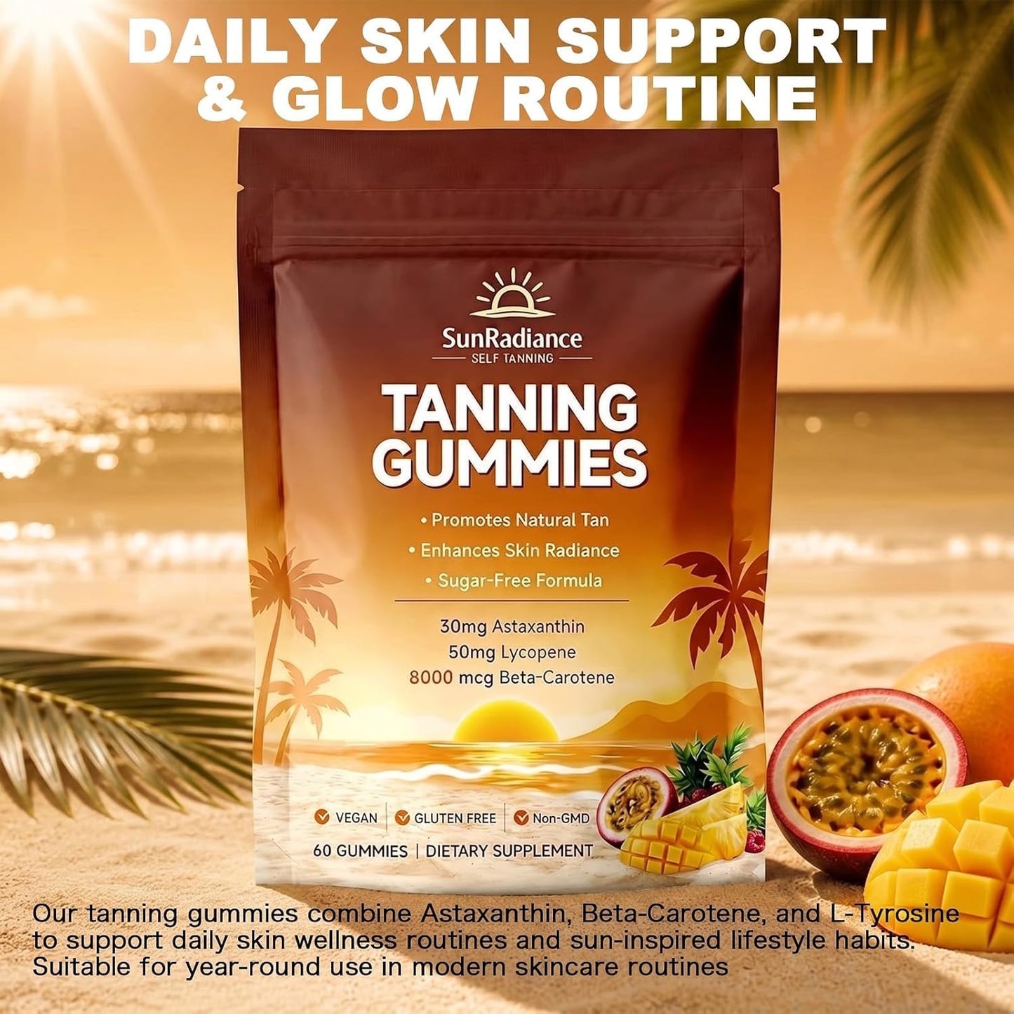 Sun Radiance Tanning Gummies with Astaxanthin & Beta Carotene, Vitamin C & A, Vegan & Sugar-Free, 60 Gummies