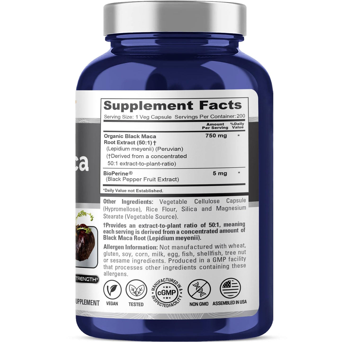 NusaPure Peruvian Black Maca Root 750 mg Capsules, 200 Count