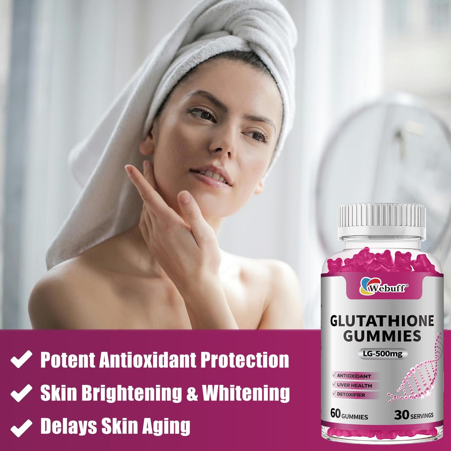 Webuff Glutathione Gummies with Collagen 500mg Vitamin C & B6 Skin Glow Hair & Nail Support Anti-Aging Antioxidant Sugar-Free Non-GMO Strawberry Flavor, 60 Gummies