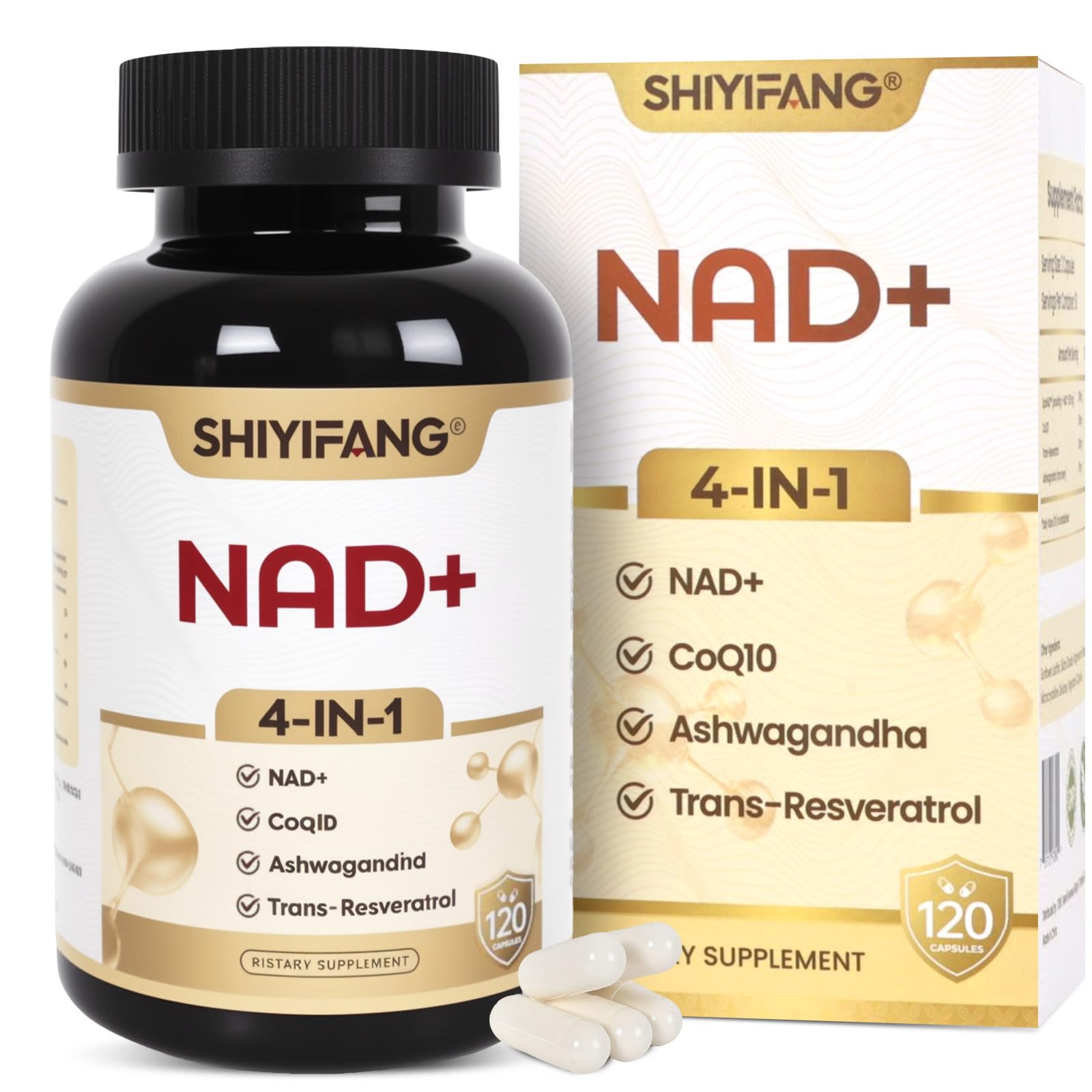 SHIYIFANG LipoNAD+ 600mg Complex with CoQ10 250mg, Trans Resveratrol 200mg, Ashwagandha 100mg, 120 Capsules