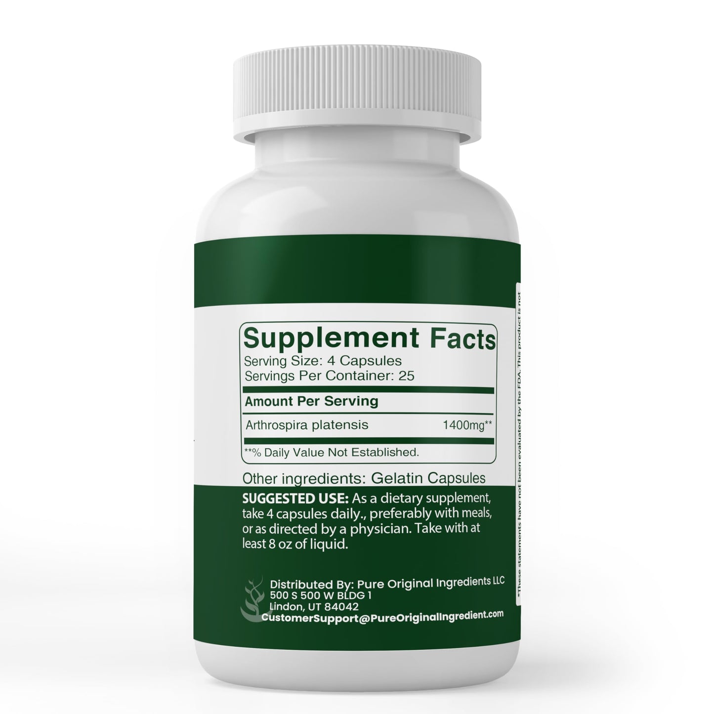 PURE ORIGINAL INGREDIENTS Spirulina Capsules 100 Count