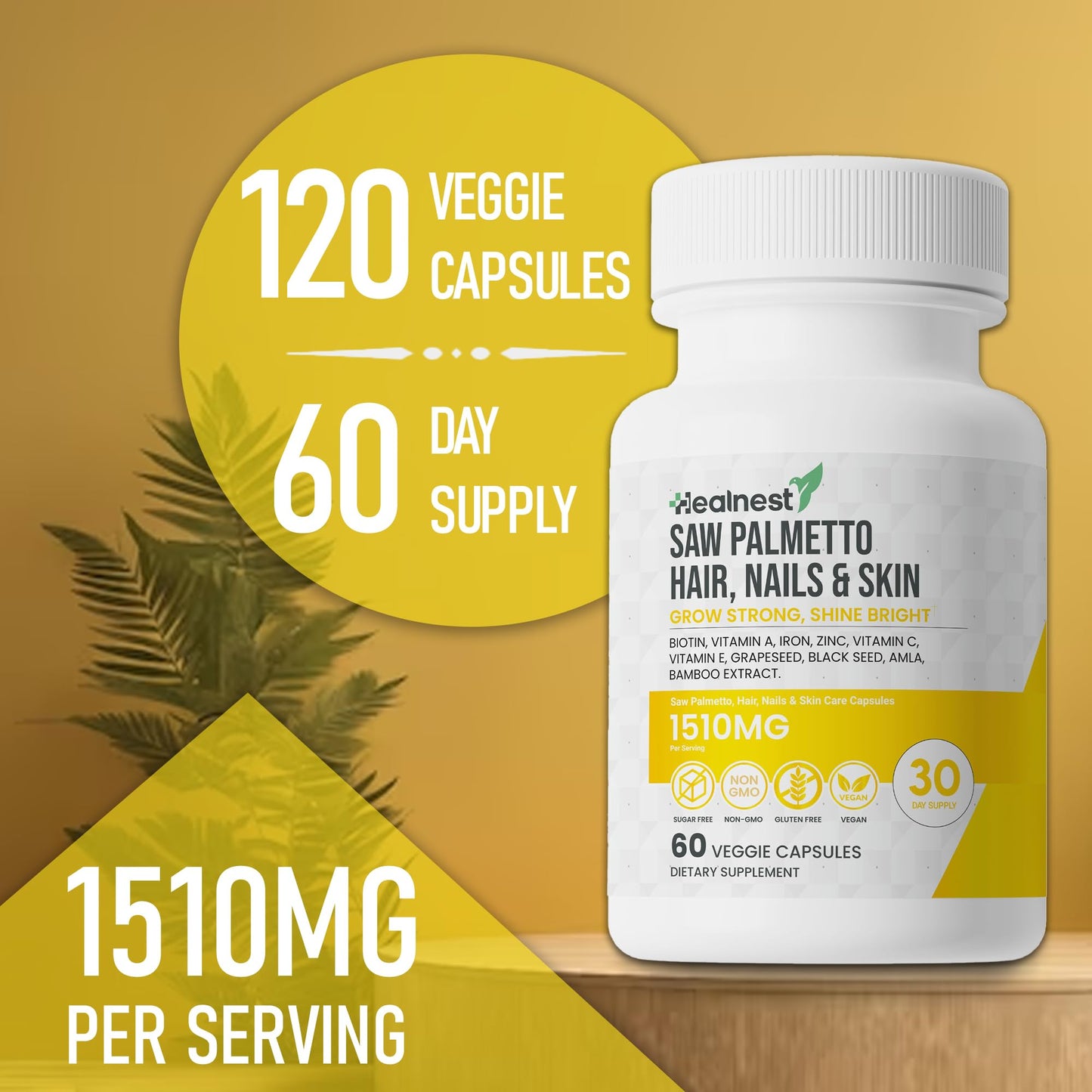 HEALNEST Hair, Nails & Skin Care Supplement with Saw Palmetto, Biotin, Amla - Veggie Capsules, 60 Count