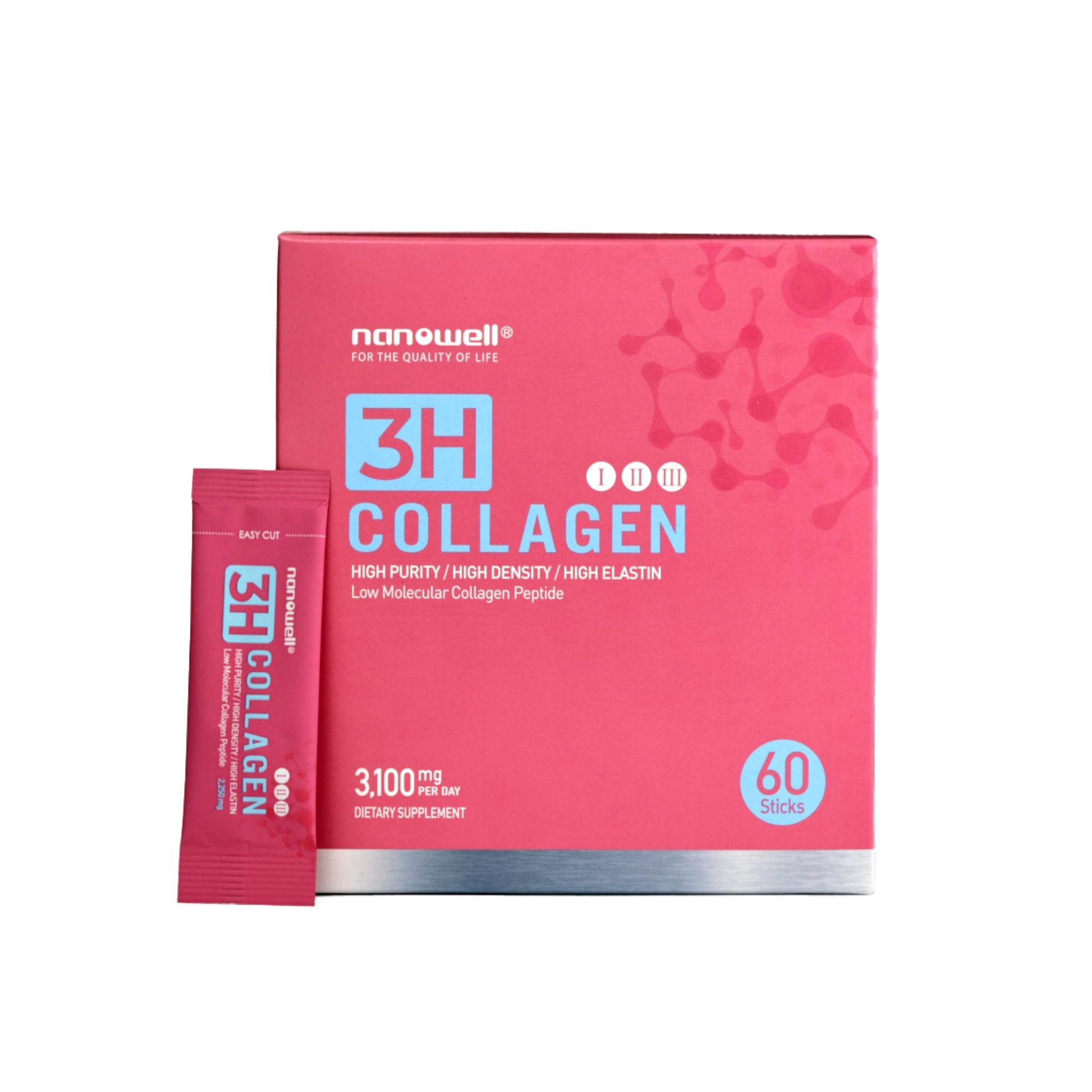 NANOWELL 3H Collagen Peptide Powder - Types I, II, & III with Vitamin C, Hydrolyzed Elastin Peptide & Hyaluronic Acid - Supports Hair, Skin, Nails, Joints & Bones, 60 Sticks