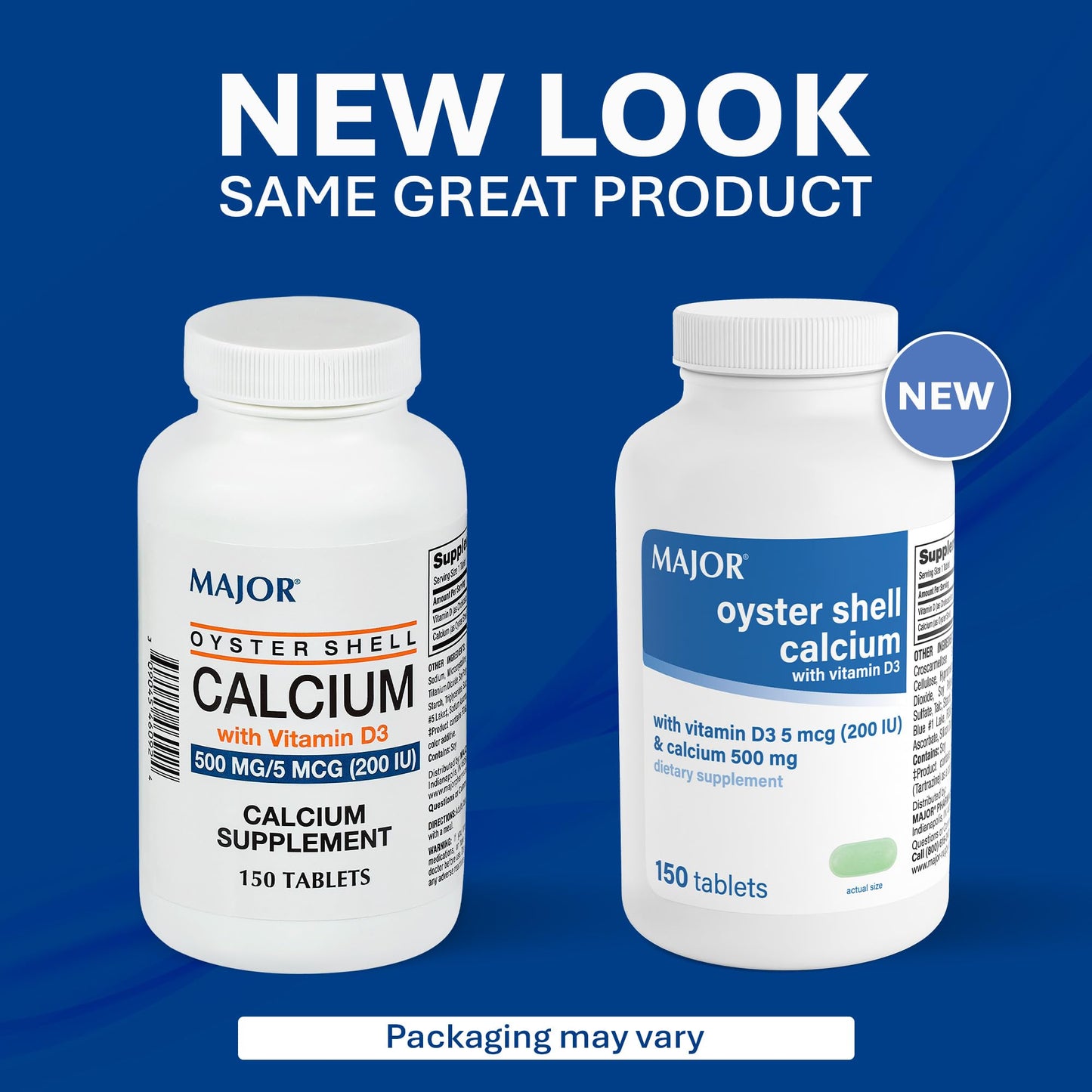 MAJOR Oyster Shell Calcium 500mg with Vitamin D3 200IU (5 mcg) Gluten-Free Daily Vitamin D Dietary Supplement for Bone Health and Calcium Absorption, 150 Tablets