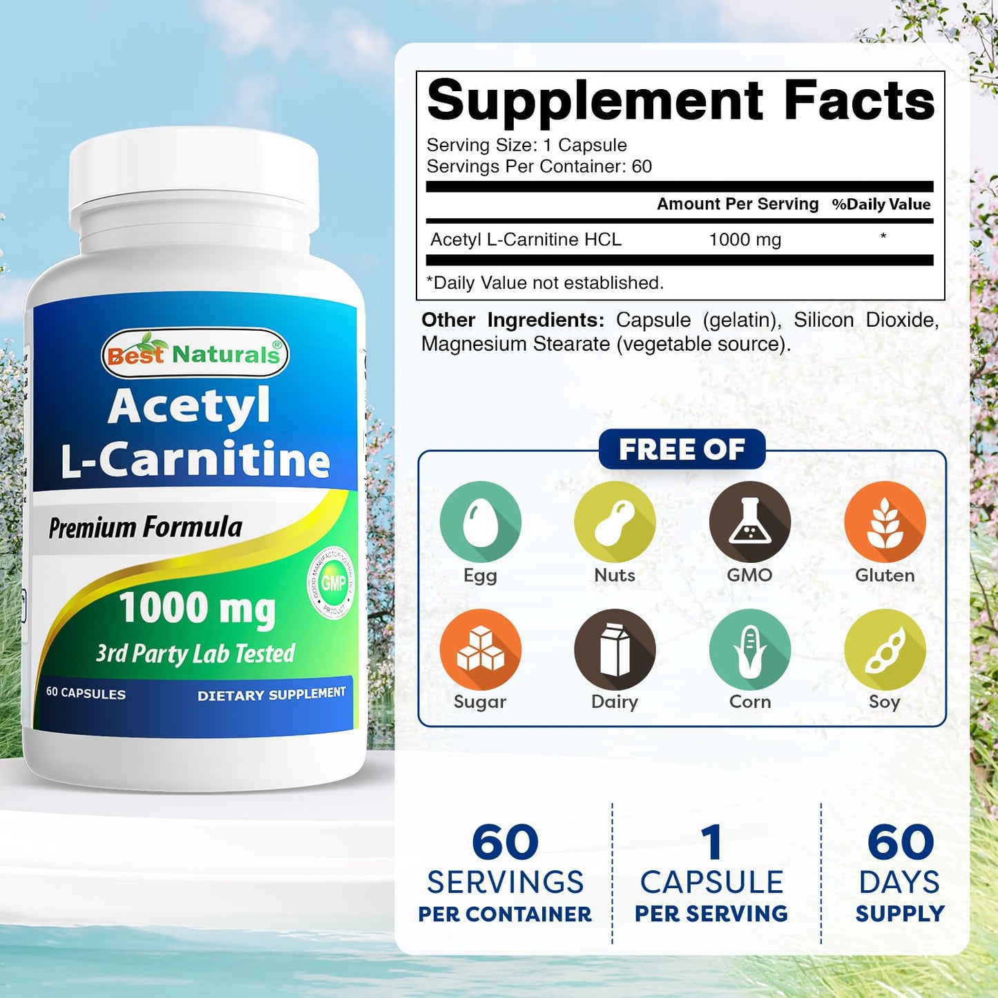 Best Naturals Acetyl L-Carnitine 1000 mg Capsules 180