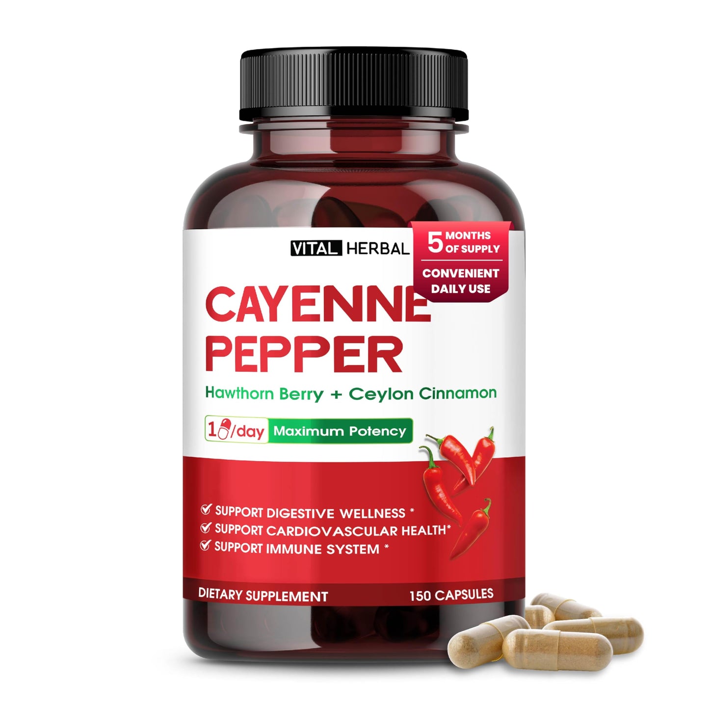 VITAL HERBAL Cayenne Pepper with Hawthorn Berry & Ceylon Cinnamon, 150 Capsules