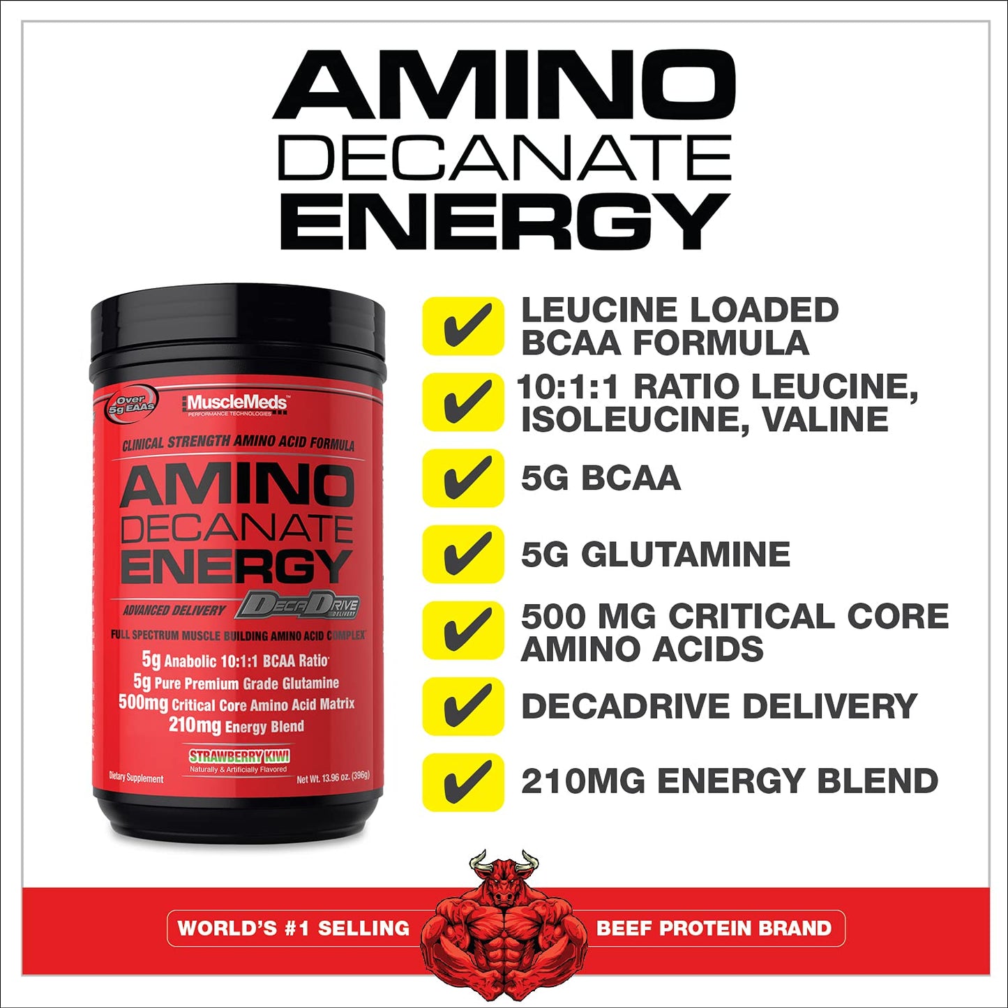 MuscleMeds Amino DECANATE Energy, Pre, Intra Workout Drink, Essential Amino Acids, BCAAs, High Leucine, Glutamine, Muscle Recovery Strawberry Kiwi Powder, 30 Servings