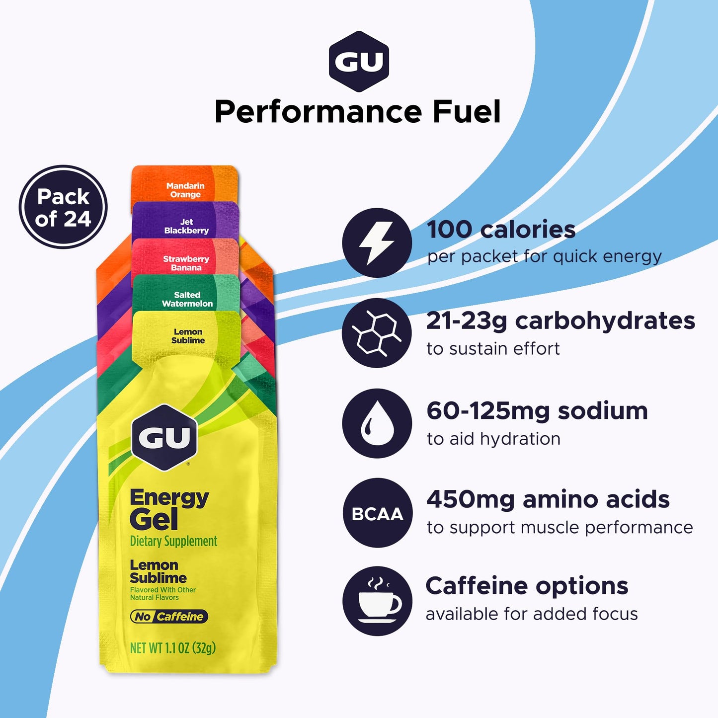 GU Energy, Original Energy Gels, Assorted Fruity Flavors - 24 Count