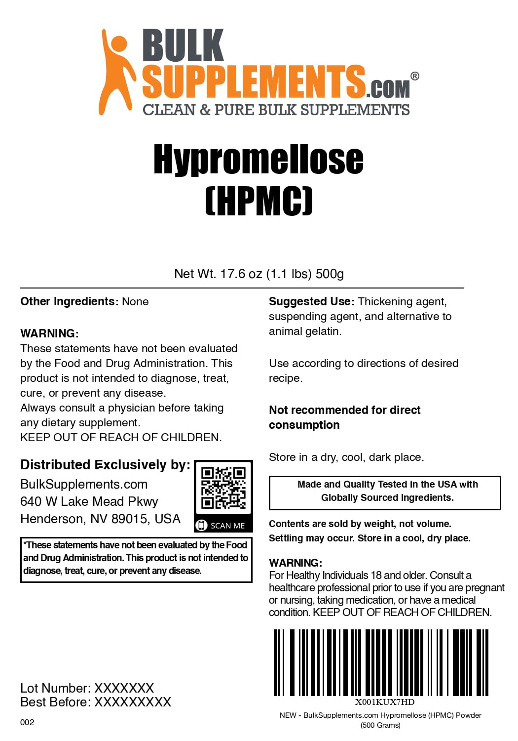 BulkSupplements Hypromellose Powder, 17.6 oz