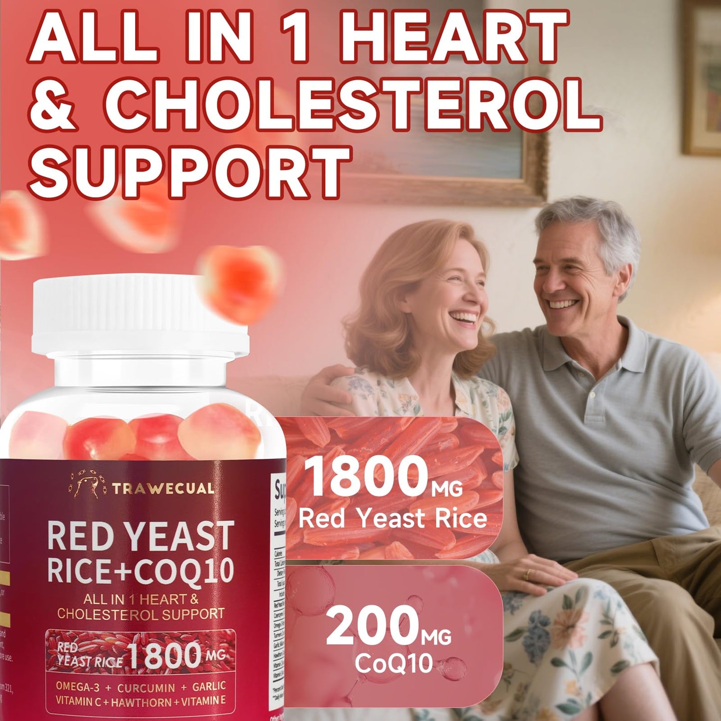 Trawecual Red Yeast Rice 1800mg with 200mg CoQ10 Gummies, 60 Count