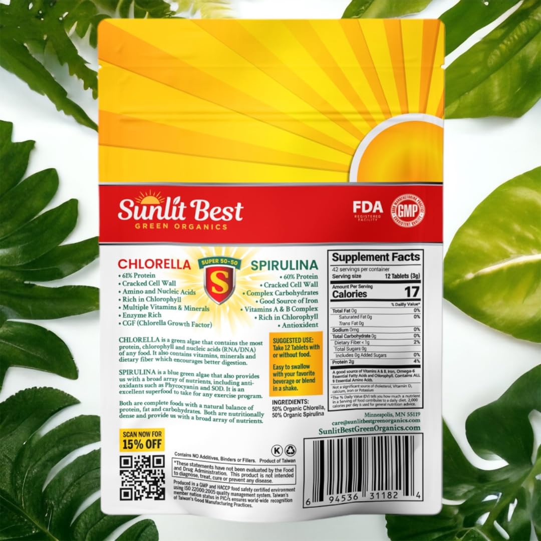 Sunlit Best Green Organics Sunlit Super 50/50 Organic Chlorella Spirulina Tablets, 500 Tablets