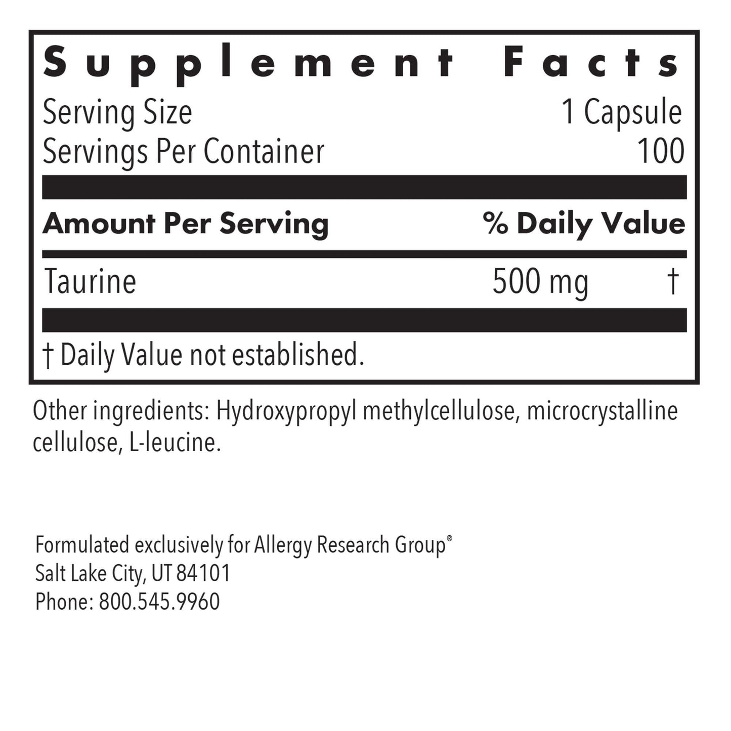 Allergy Research Group Taurine 500 mg Free Form Amino Acid 100 Capsules