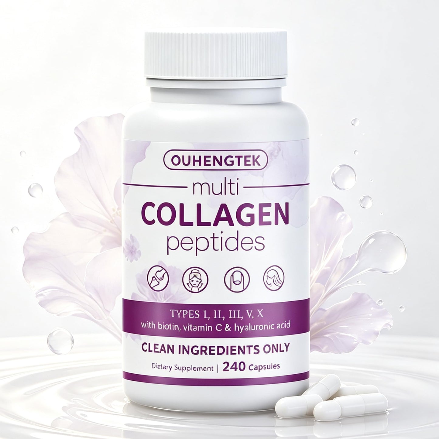 OUHENGTEK Hydrolyzed Collagen Peptides Capsules – Multi Collagen Types I, II, III, V, X with Biotin, Hyaluronic Acid & Vitamin C – Non-GMO, 240 Count