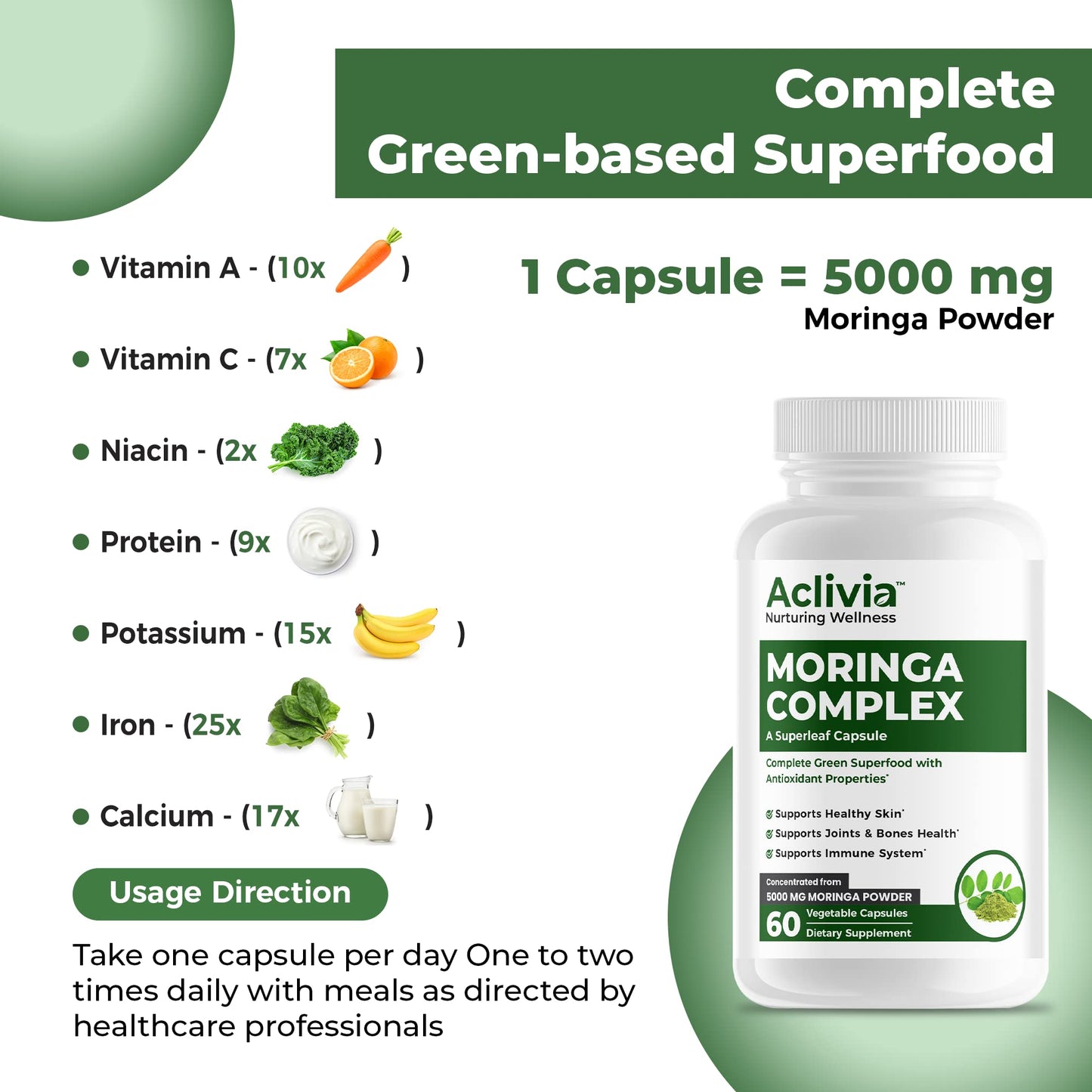Aclivia Moringa Complex Maximum Strength Moringa Oleifera Leaf & Seed Supplement Capsules, 60 Capsules