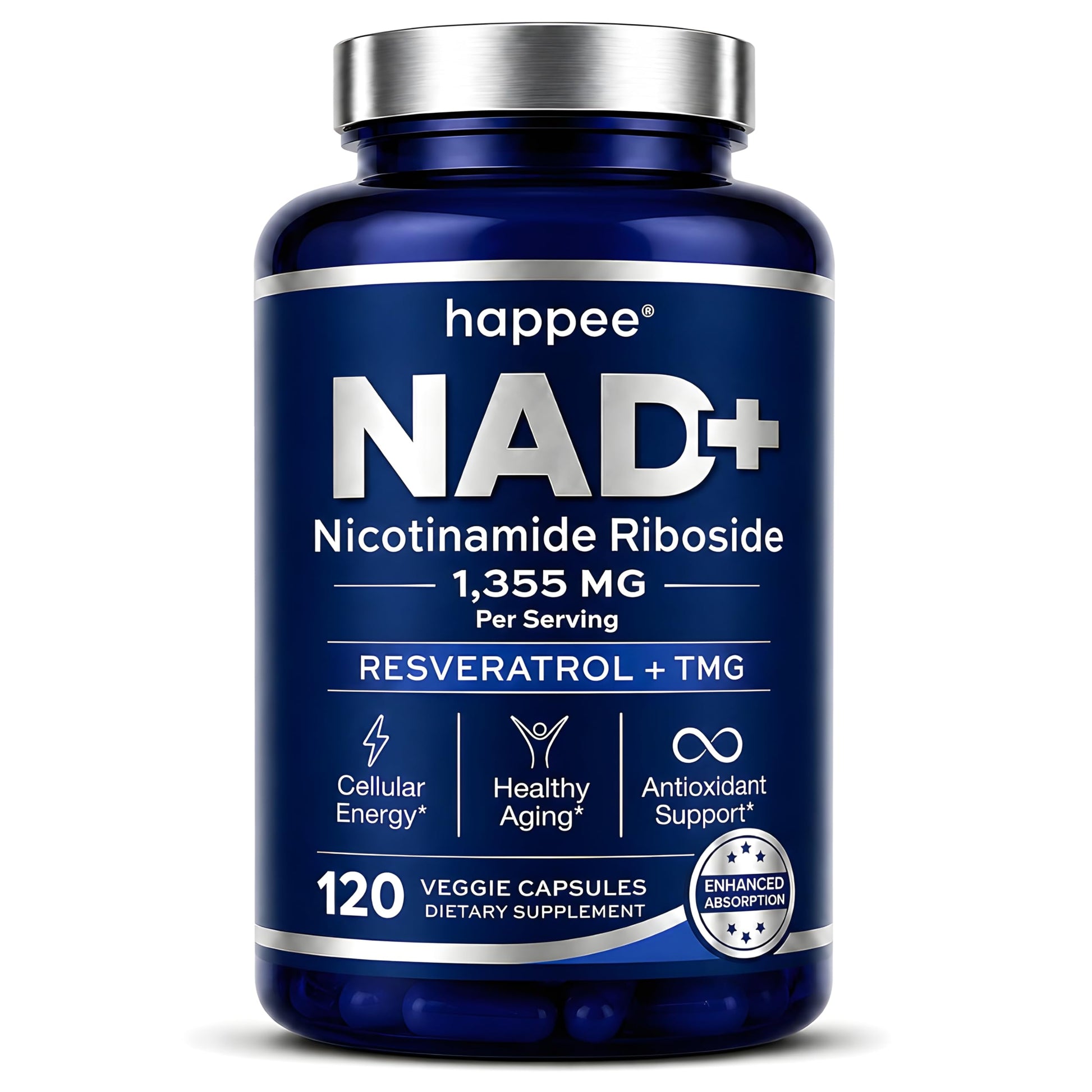 Happee NAD+ Nicotinamide Riboside Resveratrol Supplement Capsule, 120 Capsules