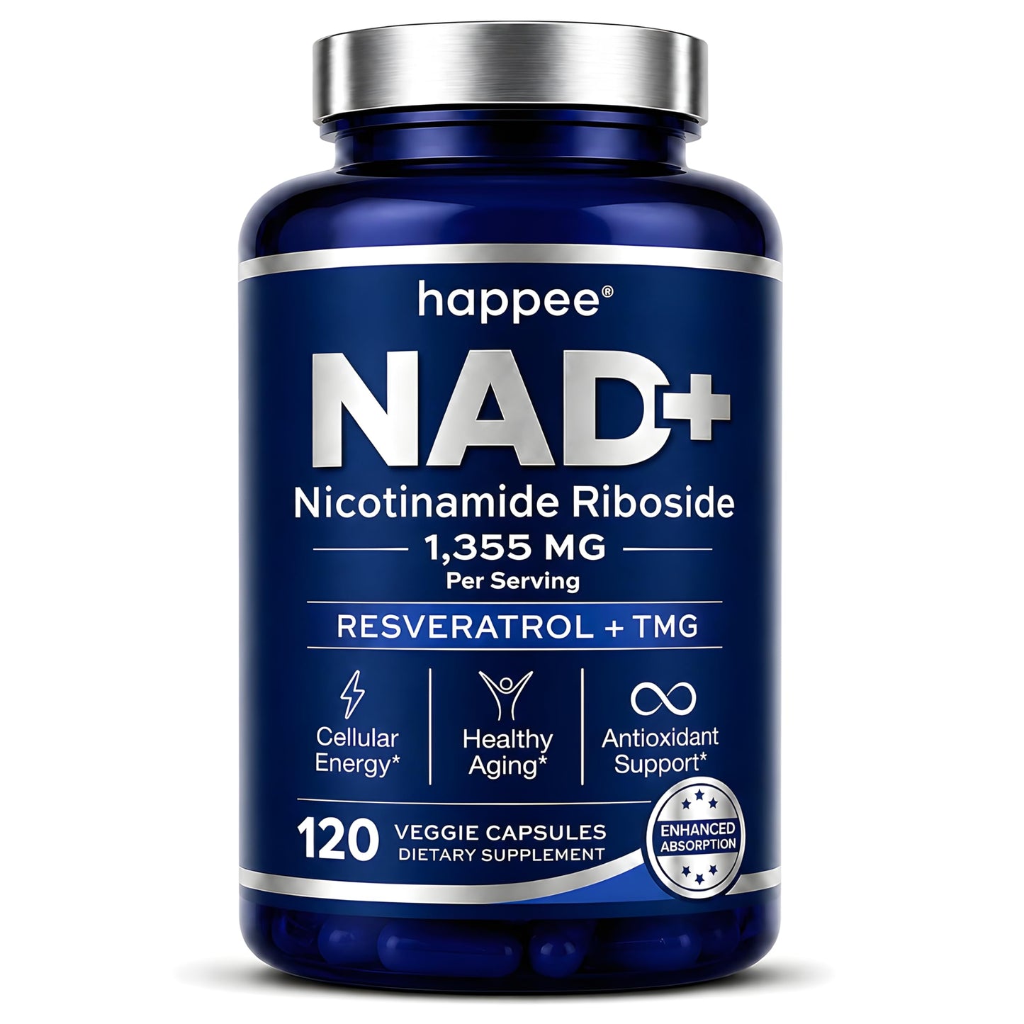 Happee NAD+ Nicotinamide Riboside Resveratrol Capsule, 120 Count