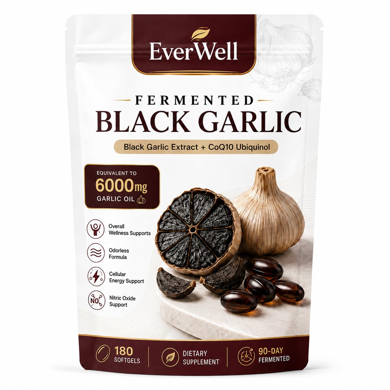 QoCore Supplement Everwell Black Fermented Black Garlic + CoQ10 Ubiquinol Capsule, 1 Count