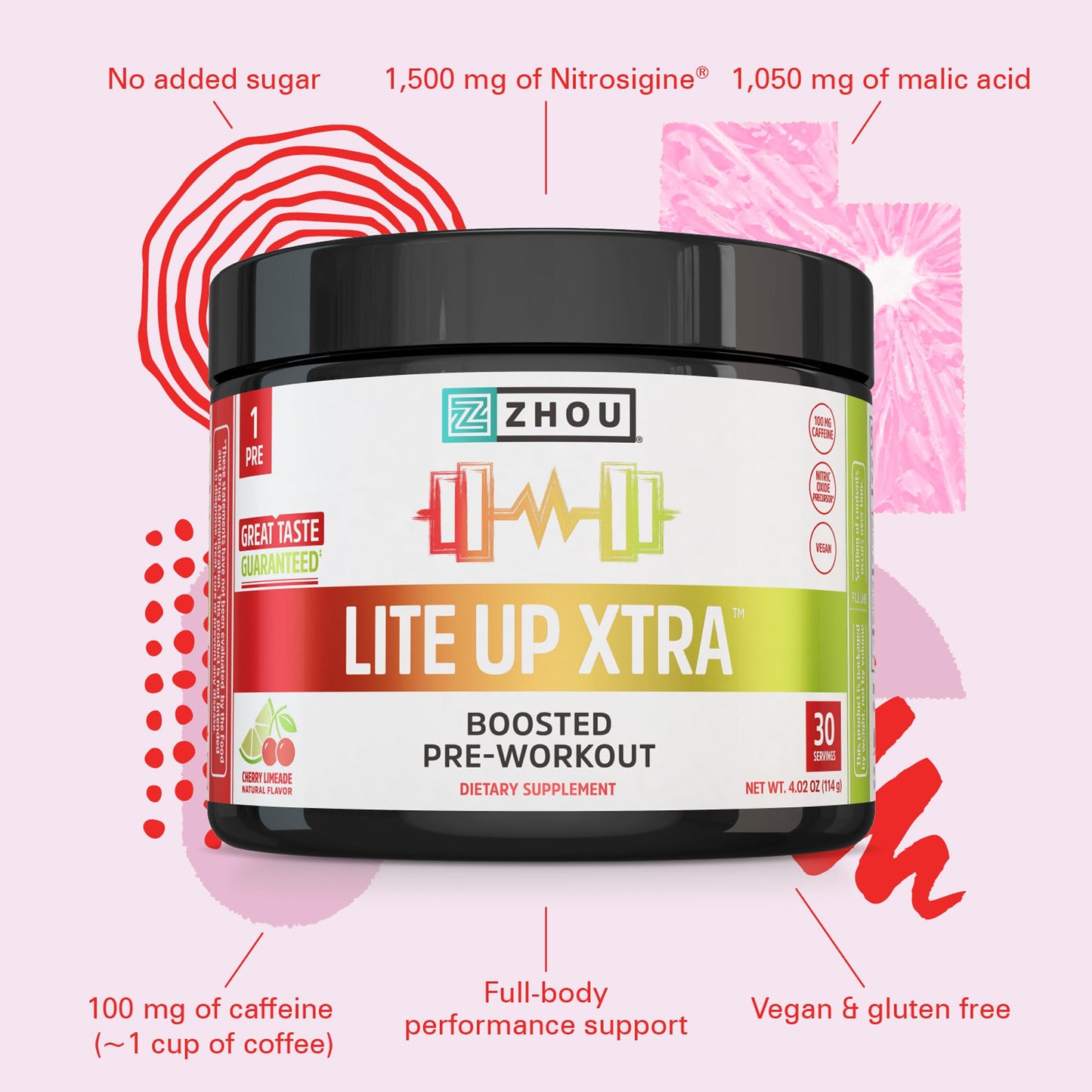 ZHOU Lite Up Xtra Pre Workout Powder Cherry Limeade, 16 oz