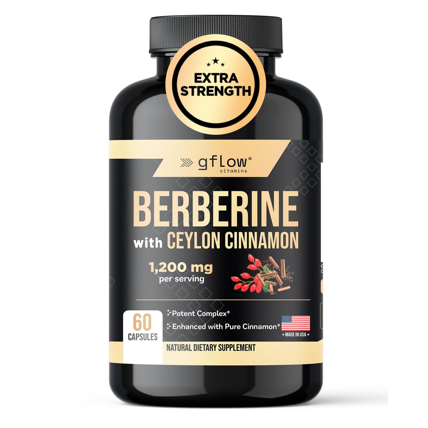 gflow vitamins Berberine HCL 1200 mg in Vegetable Capsules with Ceylon Cinnamon, 60 Capsules
