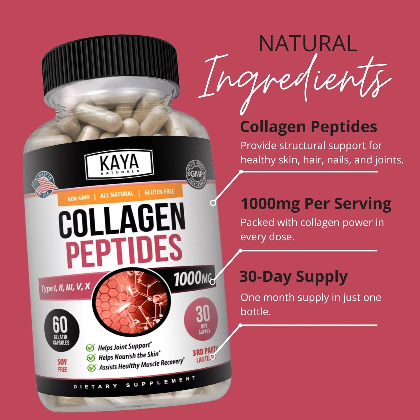 Kaya Naturals Multi Collagen Peptides Complex for Women and Men, Types I, II, III, V & X Capsules, 60 Count