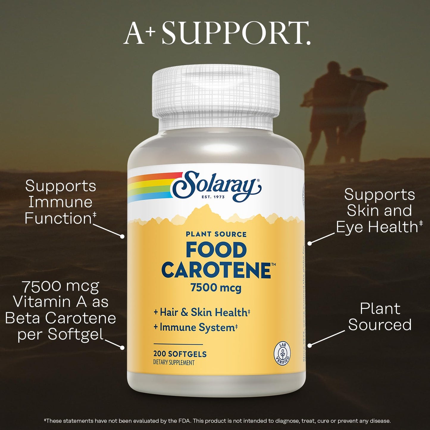 SOLARAY Food Carotene 7500mcg (25000 IU) Beta Carotene Vitamin A Supplement Softgels 200