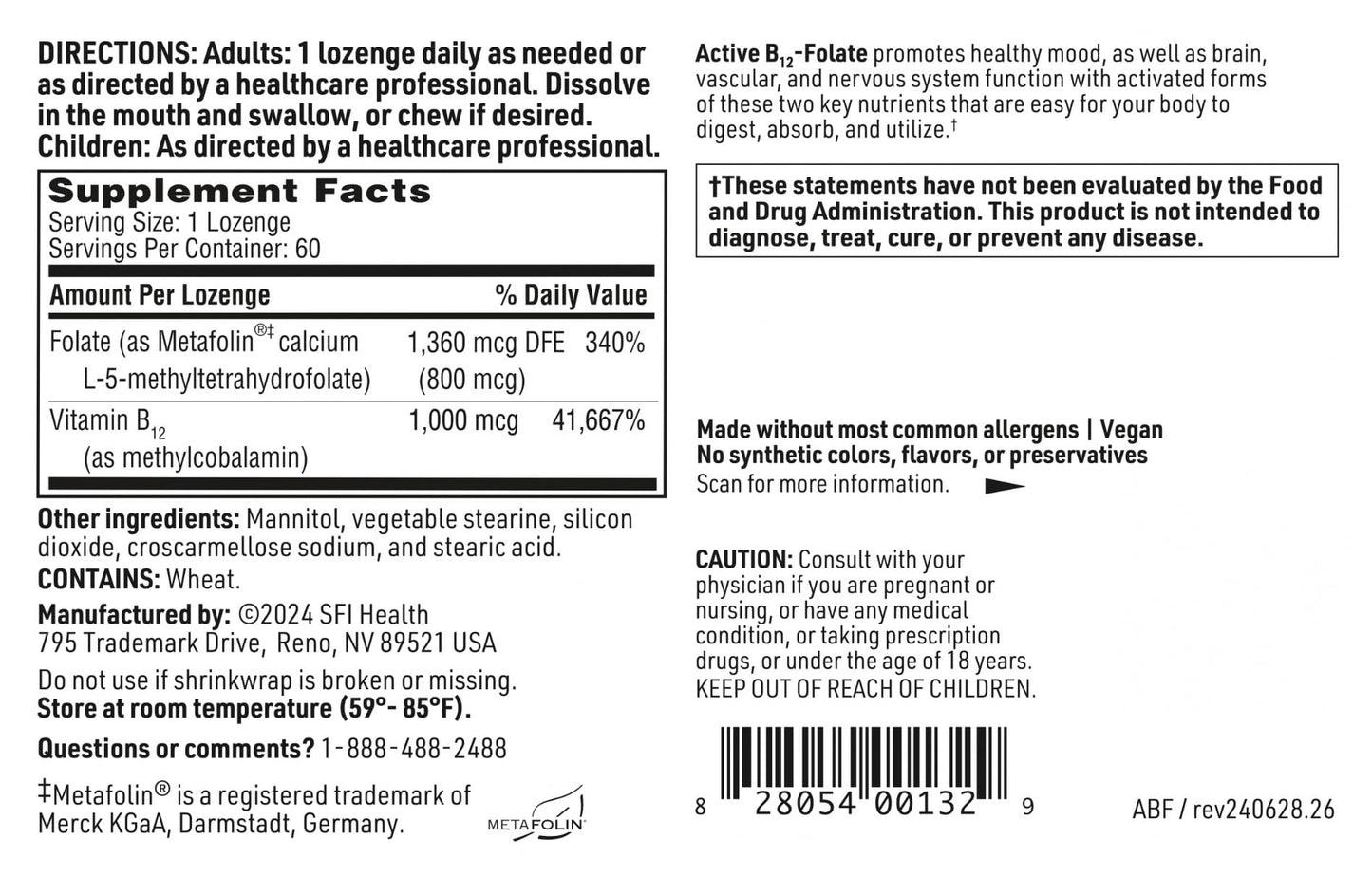 SFI Health Active B12 Folate Supplement Tablet, 60 Count