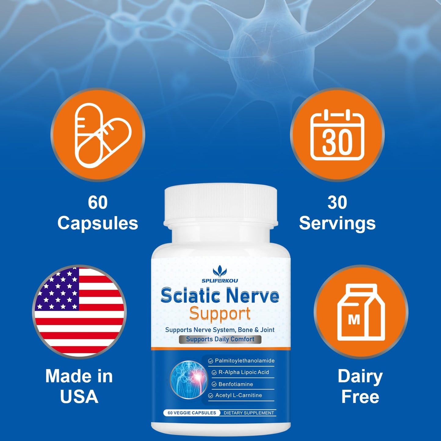 Spliferkou Sciatic Nerve Support Supplement, Advanced Sciatic Nerve Support Formula with Pea, Alpha Lipoic Acid, Benfotiamine Capsules, 60 Count
