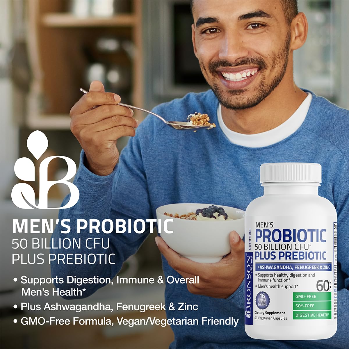 Bronson Men's Probiotic 50 Billion CFU Plus Prebiotic with Ashwagandha, Fenugreek & Zinc, Supports Healthy Digestion & Immune Function Non-GMO, 60 Capsules