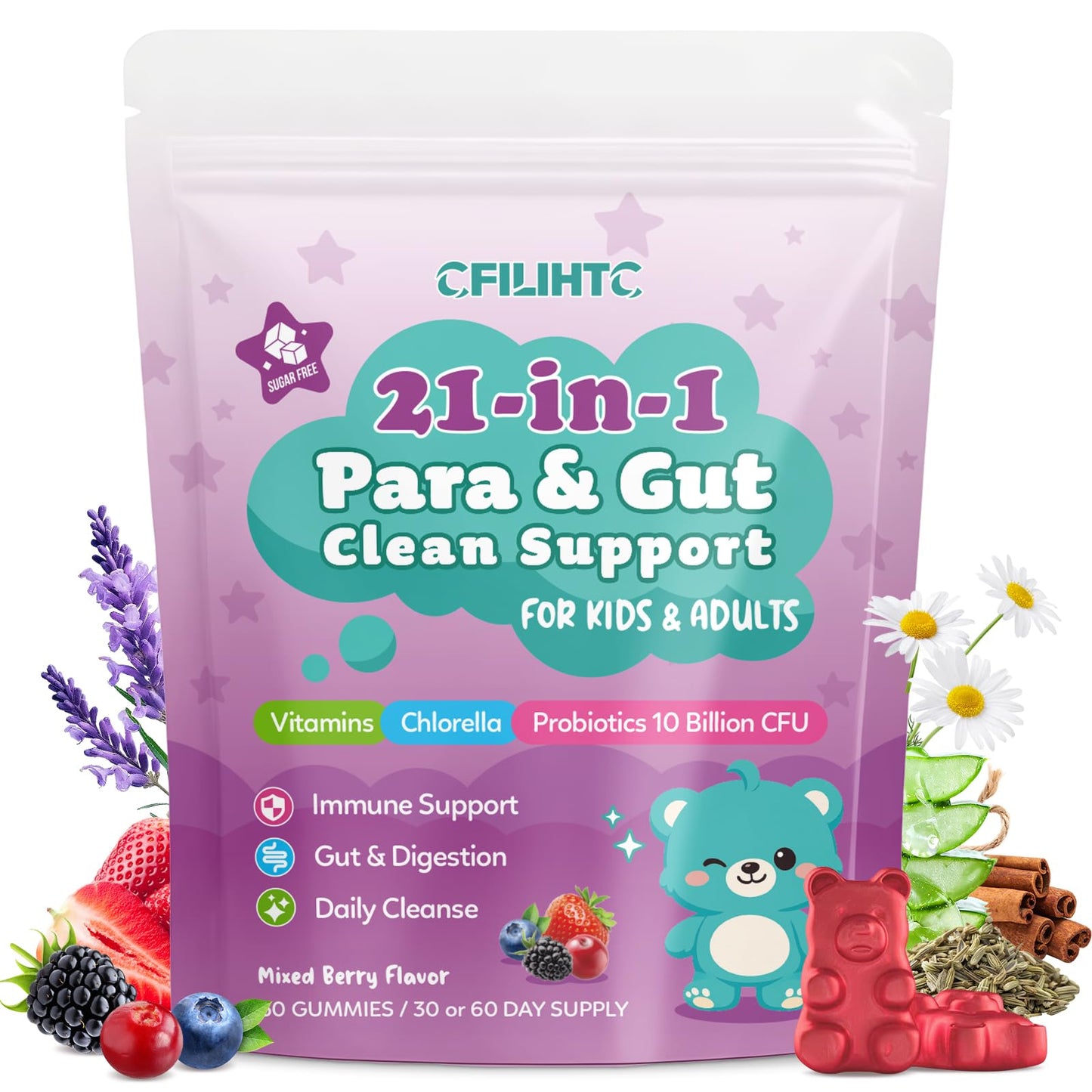 CFILIHTC 21-in-1 Parasite Cleanse for Humans & Kids – Herbal Gut Health & Digestive Gummies, 60 Gummies