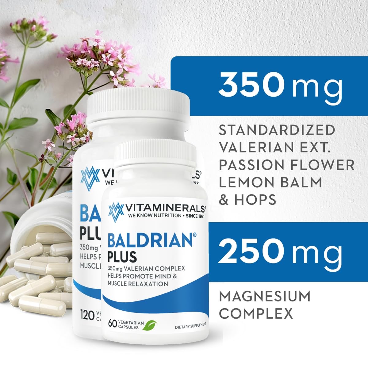 Vitaminerals Baldrian Plus Natural Relaxing Support Standardized Valerian Extract Capsules 60 Count