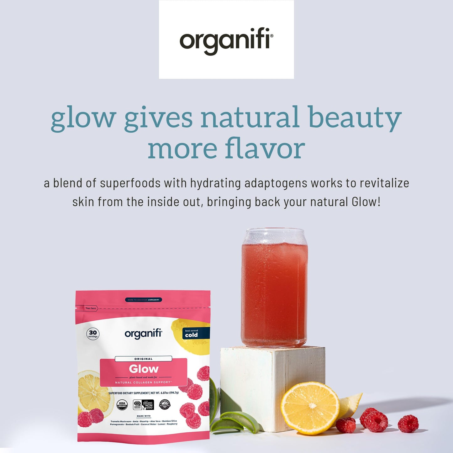 Organifi Glow Vegan Collagen Powder for Women - Organic Flavored Water Ingredient, 7.2 Ounce