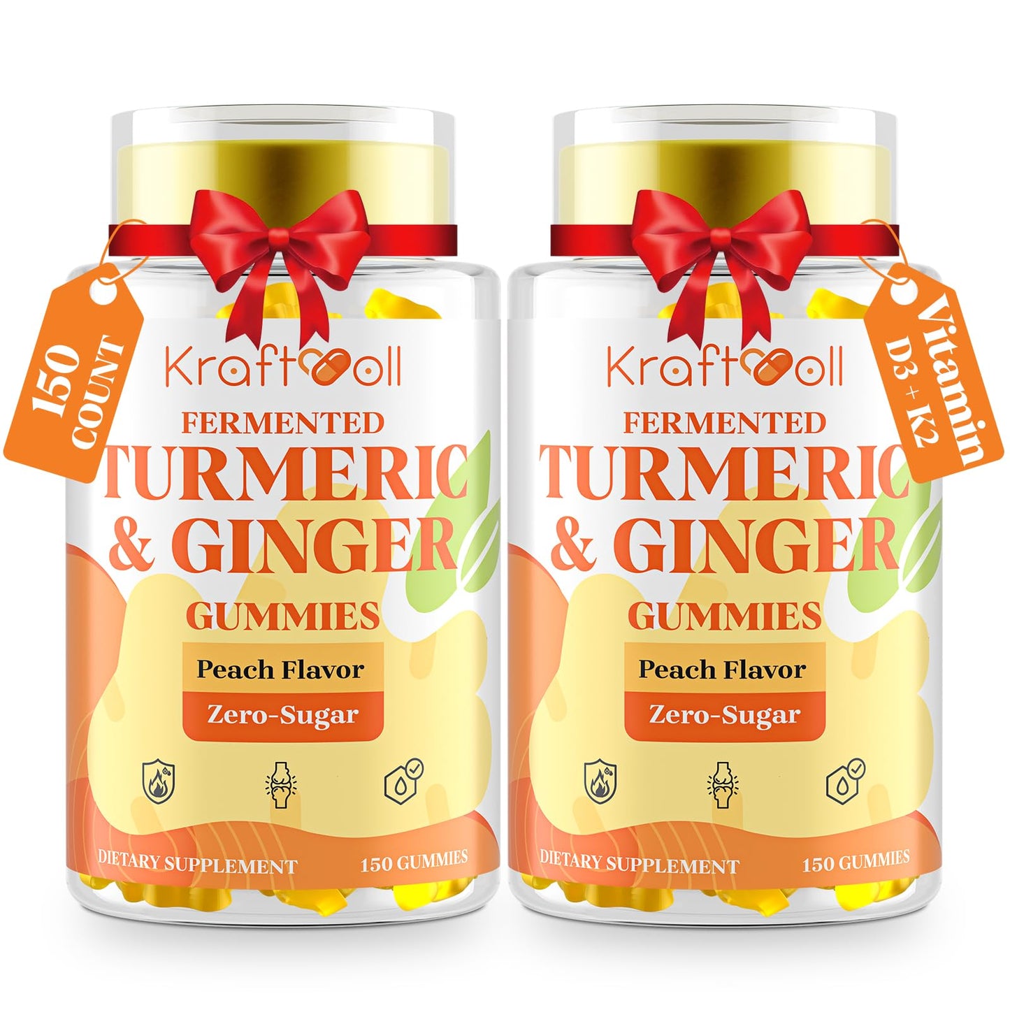 Kraftvoll Turmeric Curcumin with Ginger Gummies, Vegan Formula with Fermented Turmeric & Black Pepper, Natural Peach Flavor, Sugar-Free with Vitamin D3 + K2, Joint Comfort & Mobility, 300 Gummies