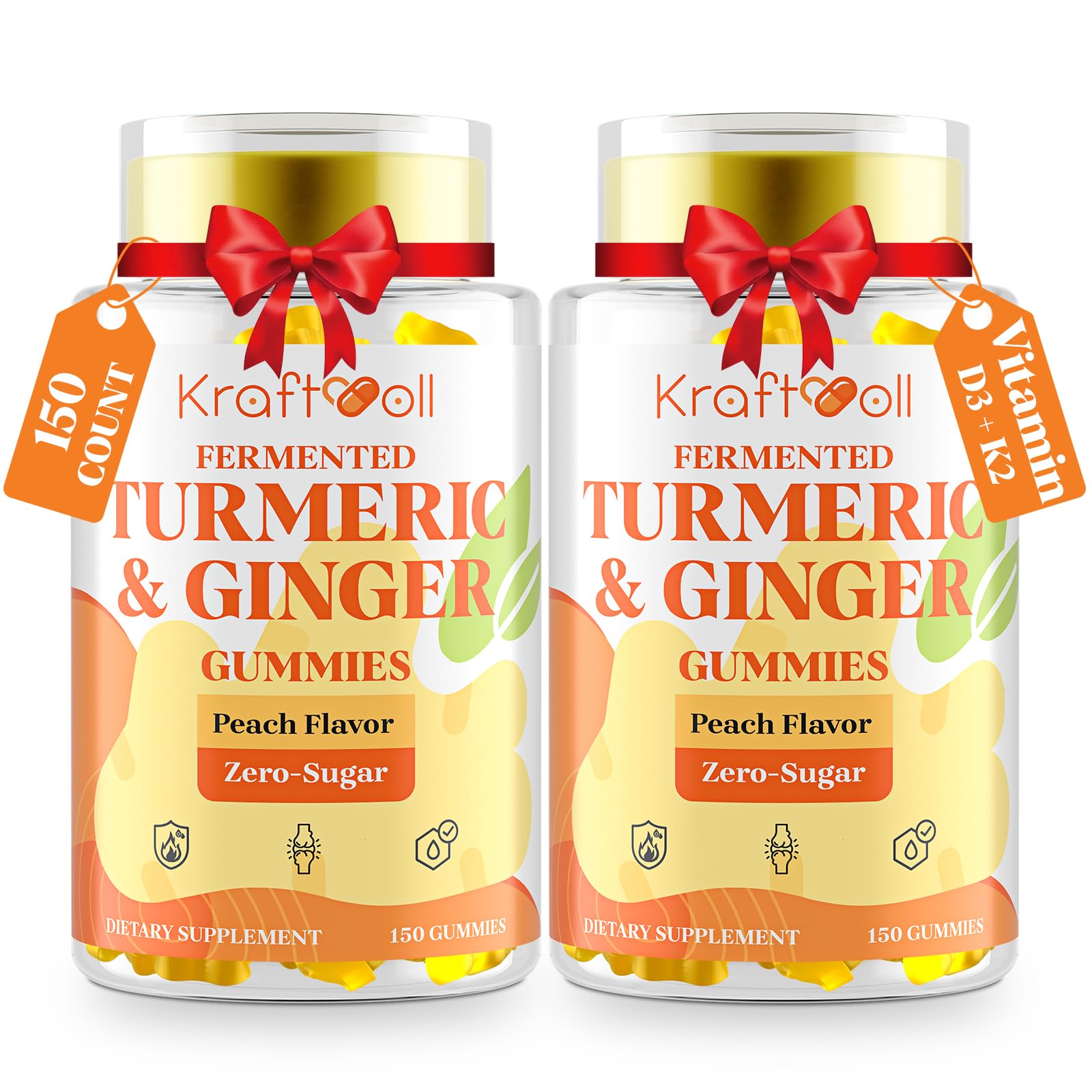 Kraftvoll Turmeric Curcumin with Ginger Gummies, Vegan Formula with Fermented Turmeric & Black Pepper, Natural Peach Flavor, Sugar-Free with Vitamin D3 + K2, Joint Comfort & Mobility, 300 Gummies