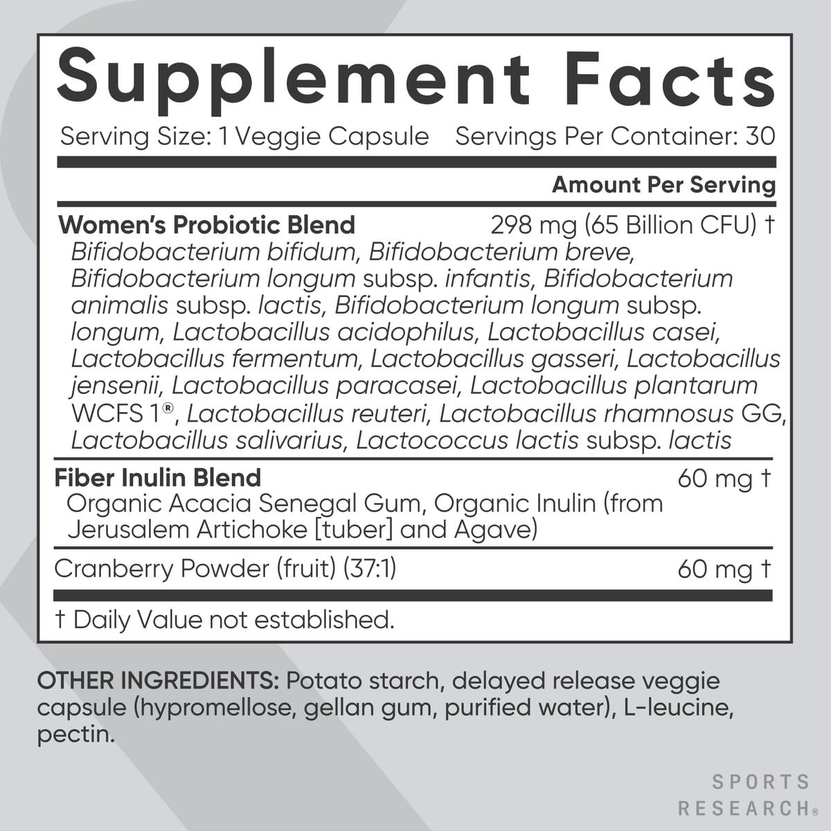 Sports Research Women's Probiotics with Prebiotics, 65 Billion CFU - Vegan Capsules for Gut Health & Digestive Support, Probiotics for Women with Cranberry - Non-GMO Verified & Gluten Free, 30 Capsules