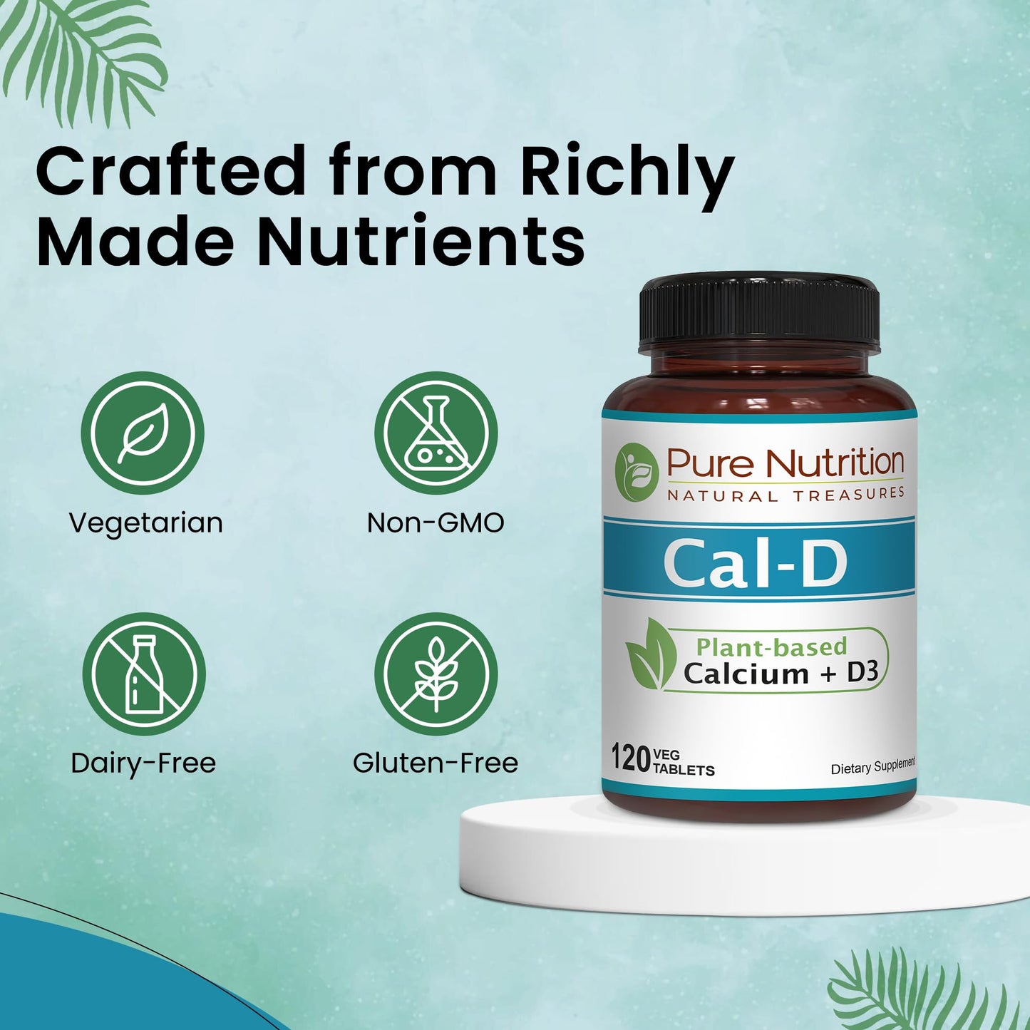 Pure Nutrition Natural Treasures Cal D - Plant Based Calcium with Vitamin D3, K2 & Magnesium, 120 Tablets