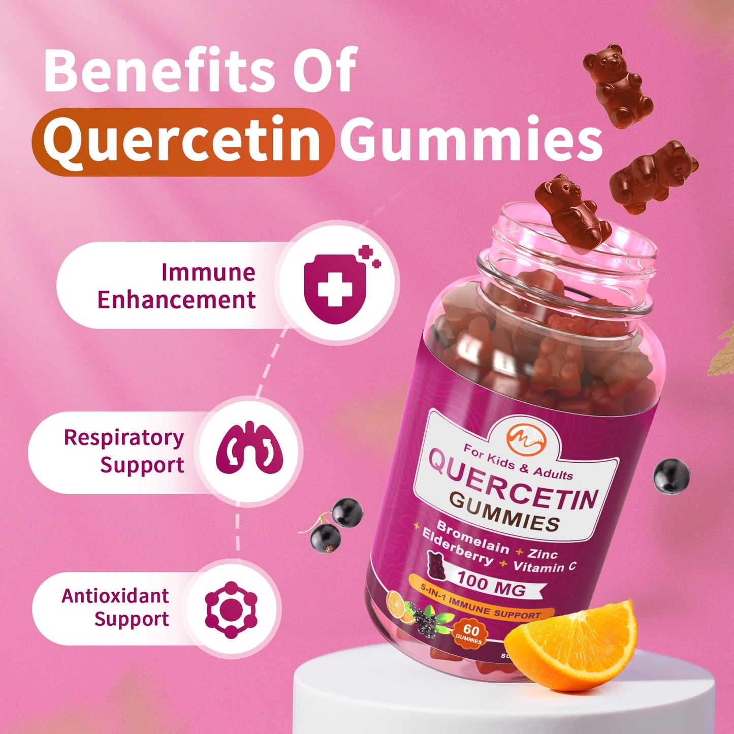 M inch Quercetin Gummies with Bromelain, Elderberry, Zinc and Vitamin C - Chewable Quercetin 100mg Supplement for Immune, Respiratory & Antioxidant Support, 120 Gummies