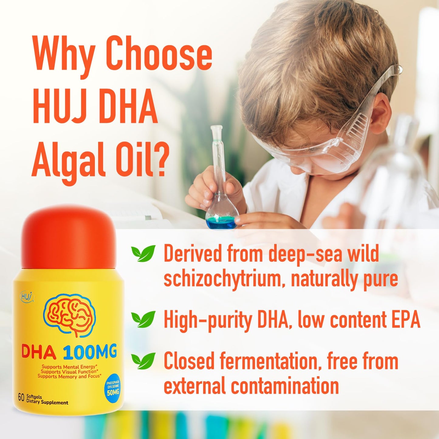 HUJ DHA 100mg Kids DHA Supplement Algal Oil Softgels, 60 Count