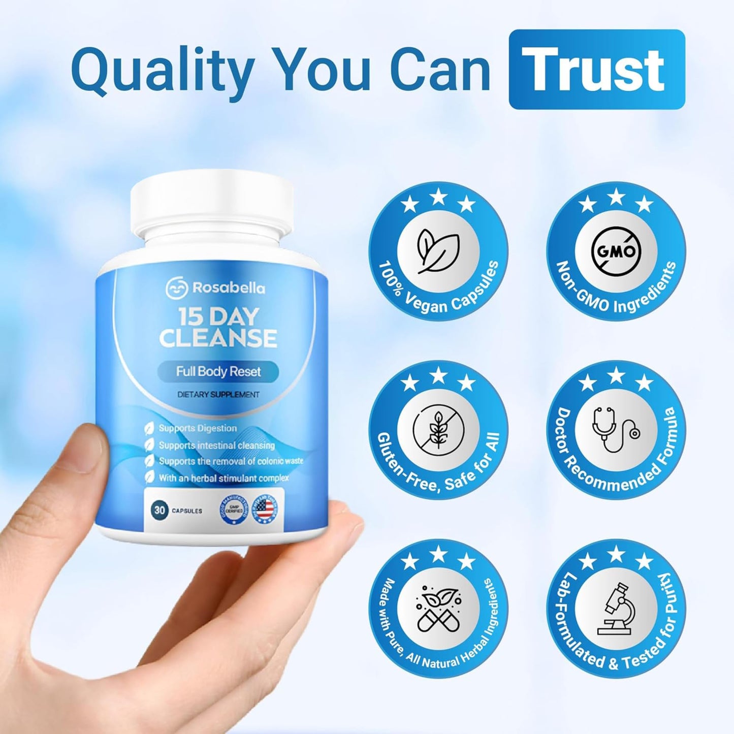 Rosabella 15 Day Cleanse Full Body Detox & Colon Cleanse for Men & Women Detox Capsules for Digestive Health & Bloating Relief, Doctor-Formulated Non-GMO, 30 Count