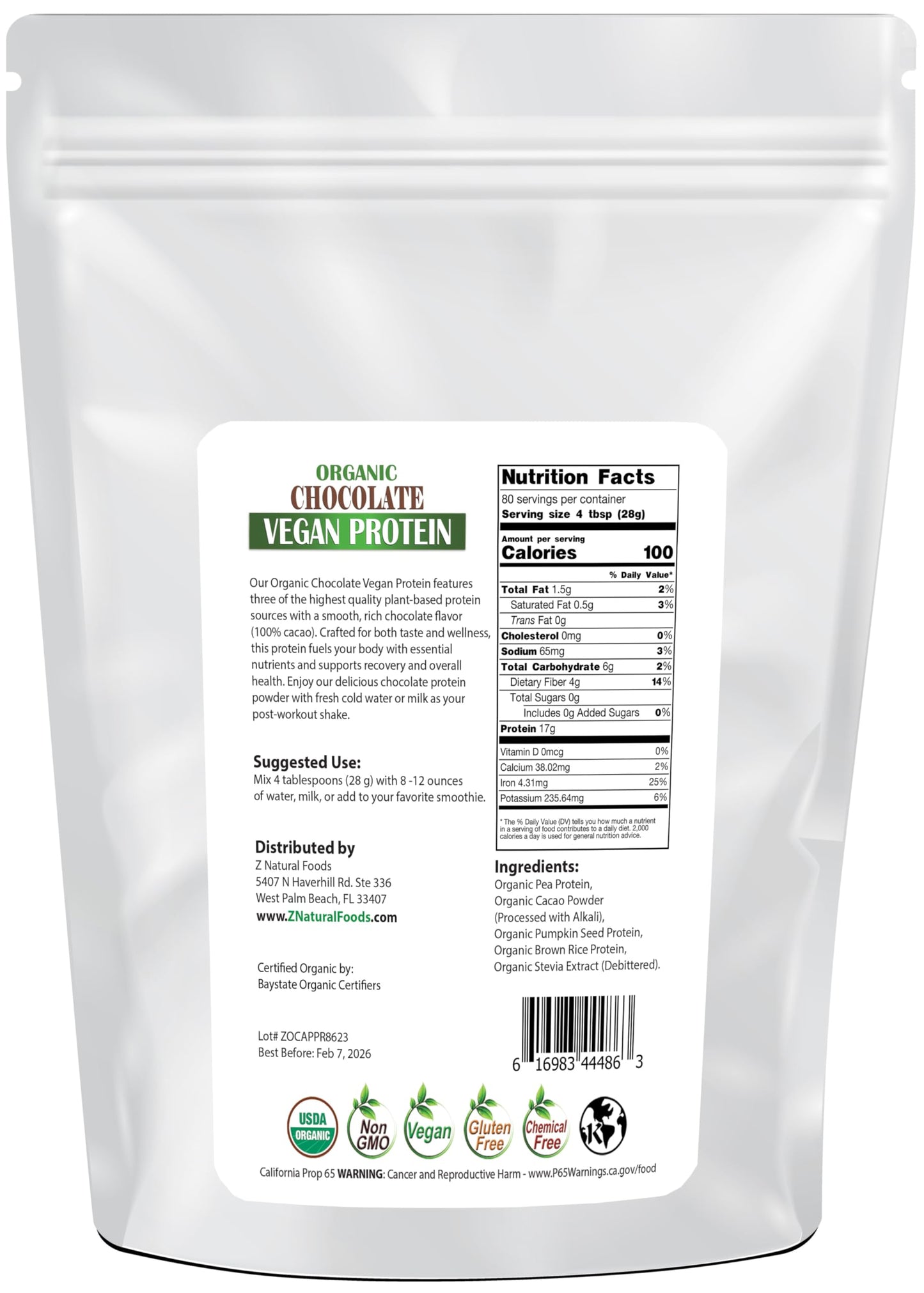 Z Natural Foods Organic Chocolate Vegan Protein Powder 1280 oz
